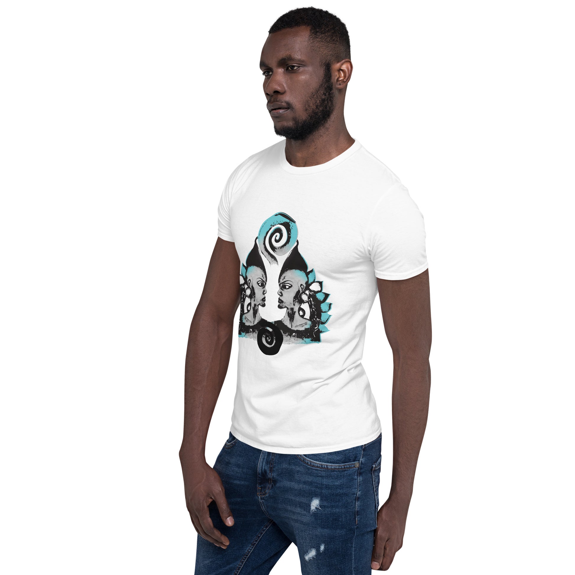 A male model wearing white K.L.O.E. t-shirt featuring a culturally inspired, hand-drawn design of two mirrored faces with bold, artistic details in black and teal, symbolizing self-expression and individuality in bohemian style clothing.