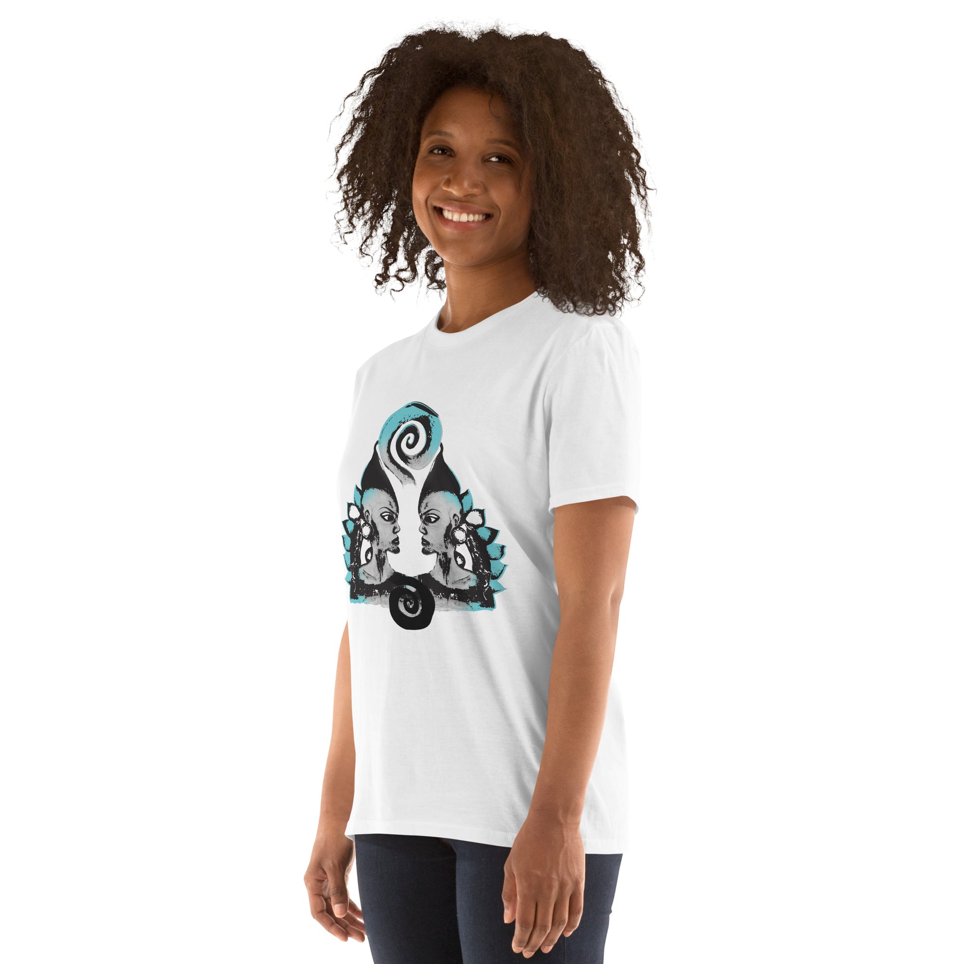 A model wearing white K.L.O.E. t-shirt featuring a culturally inspired, hand-drawn design of two mirrored faces with bold, artistic details in black and teal, symbolizing self-expression and individuality in bohemian style clothing.