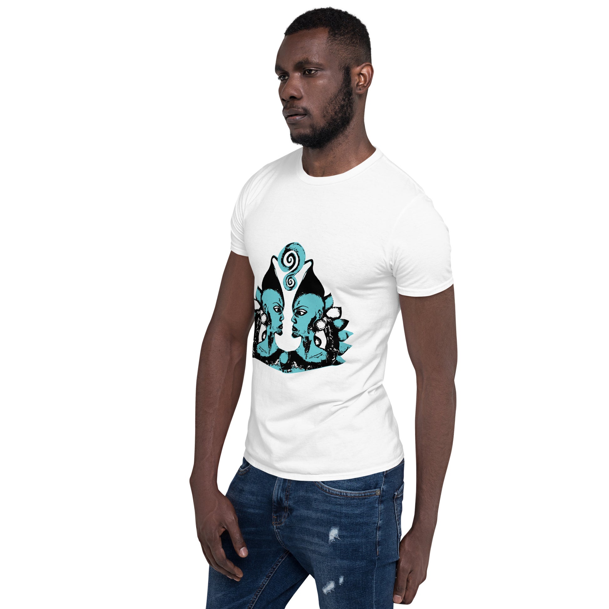A male model wearing white K.L.O.E. t-shirt showcasing a hand-drawn design of two mirrored faces in black and teal, embodying culturally inspired, bohemian style fashion focused on individuality and artistic expression.