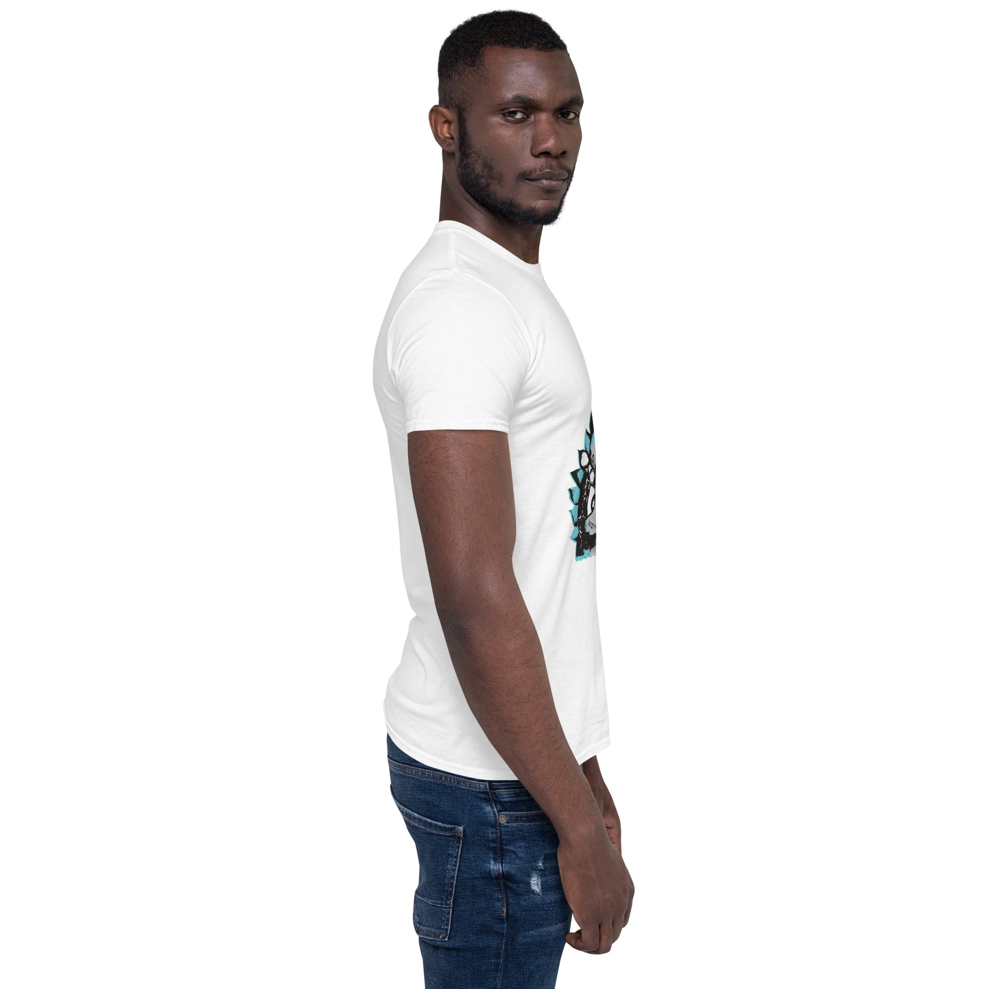 A male model wearing white K.L.O.E. t-shirt featuring a culturally inspired, hand-drawn design of two mirrored faces with bold, artistic details in black and teal, symbolizing self-expression and individuality in bohemian style clothing, side view.