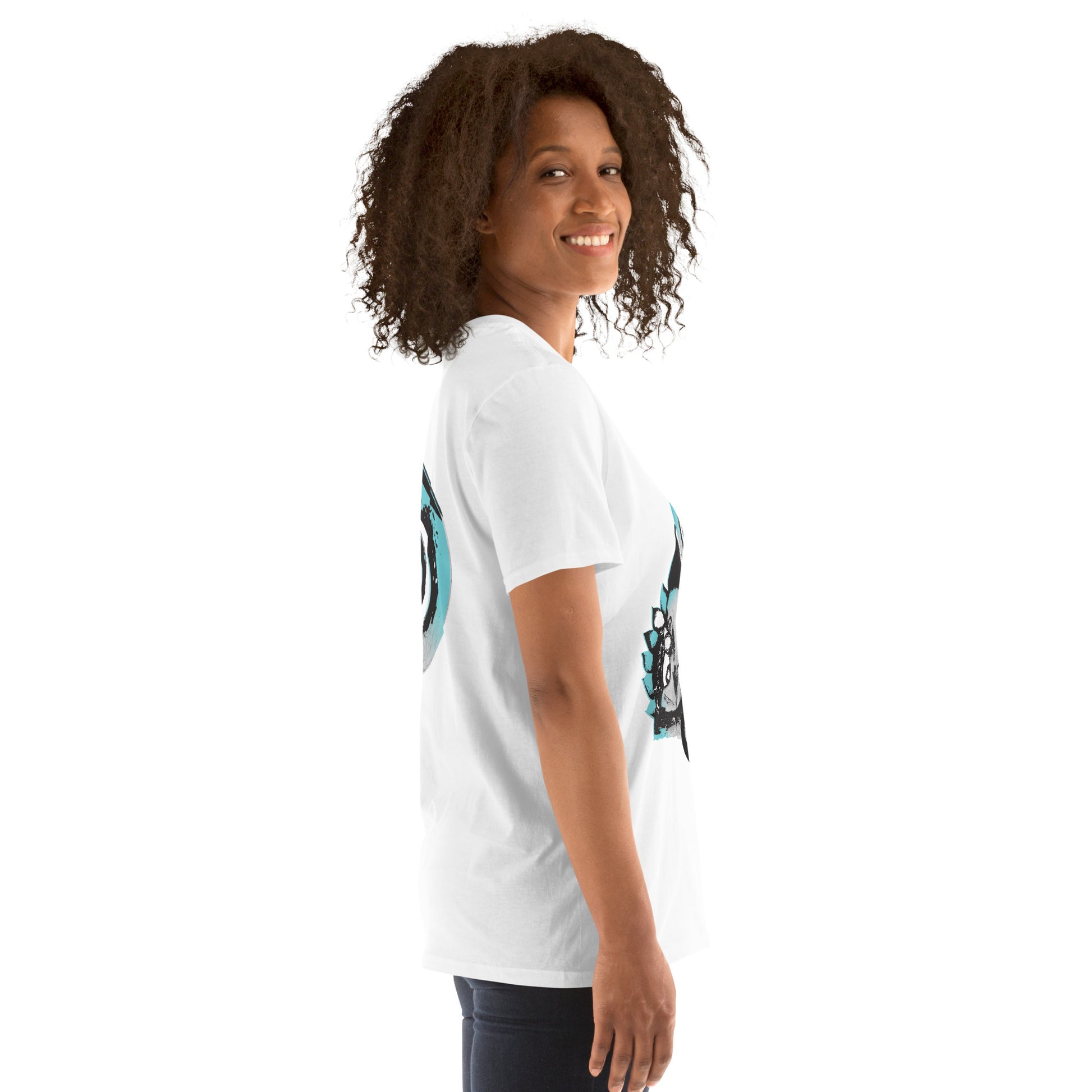 A model wearing white K.L.O.E. t-shirt featuring a culturally inspired, hand-drawn design of two mirrored faces with bold, artistic details in black and teal, symbolizing self-expression and individuality in bohemian style clothing, side view.