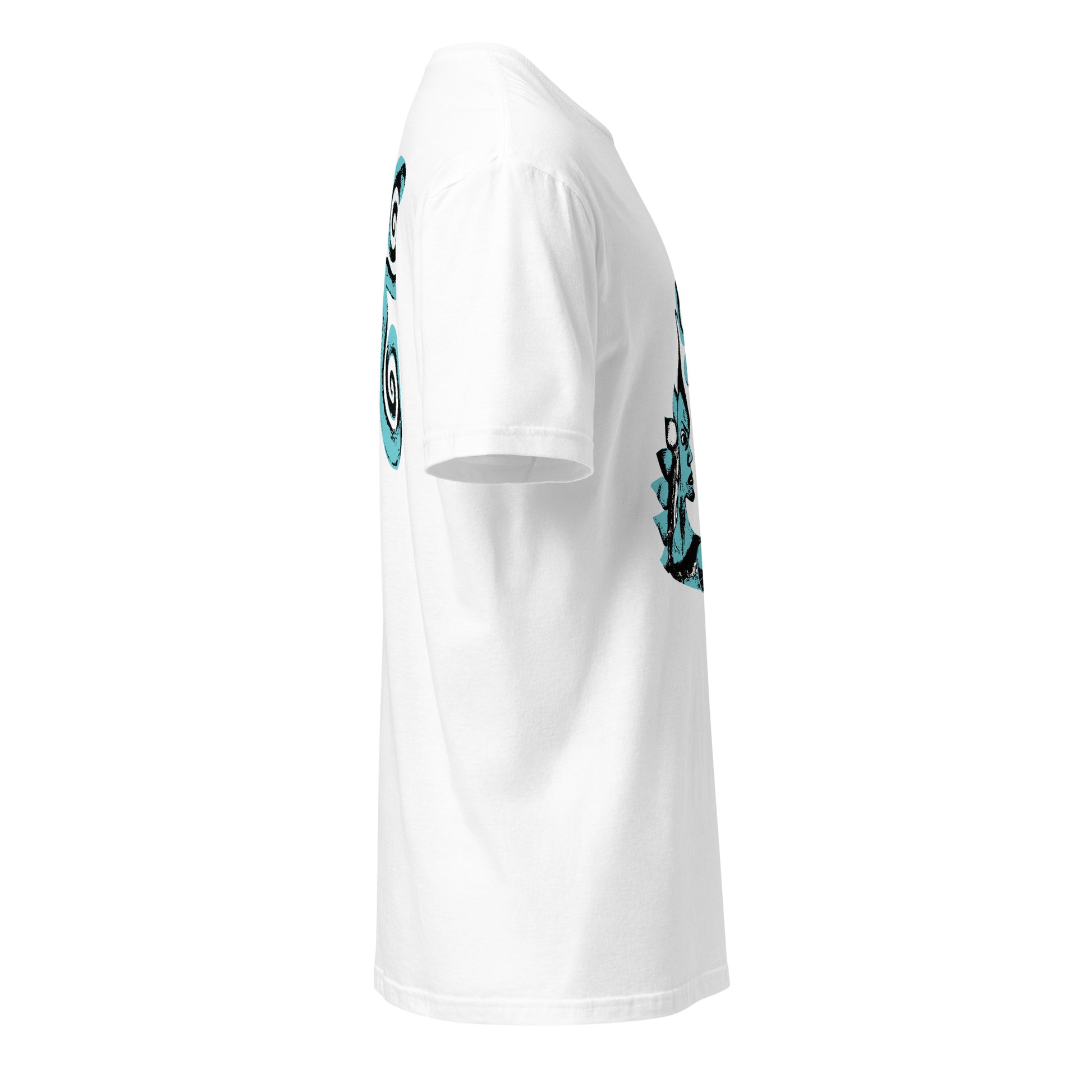 Side view of white K.L.O.E. t-shirt showcasing a hand-drawn design of two mirrored faces in black and teal, embodying culturally inspired, bohemian style fashion focused on individuality and artistic expression.