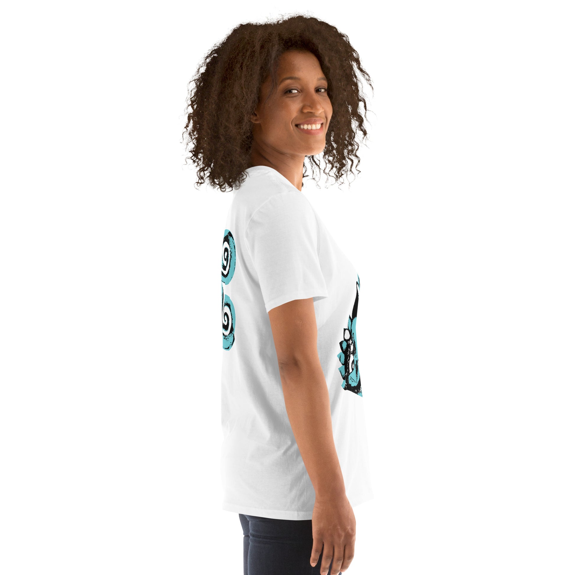 A model wearing white K.L.O.E. t-shirt showcasing a hand-drawn design of two mirrored faces in black and teal, embodying culturally inspired, bohemian style fashion focused on individuality and artistic expression, side view.