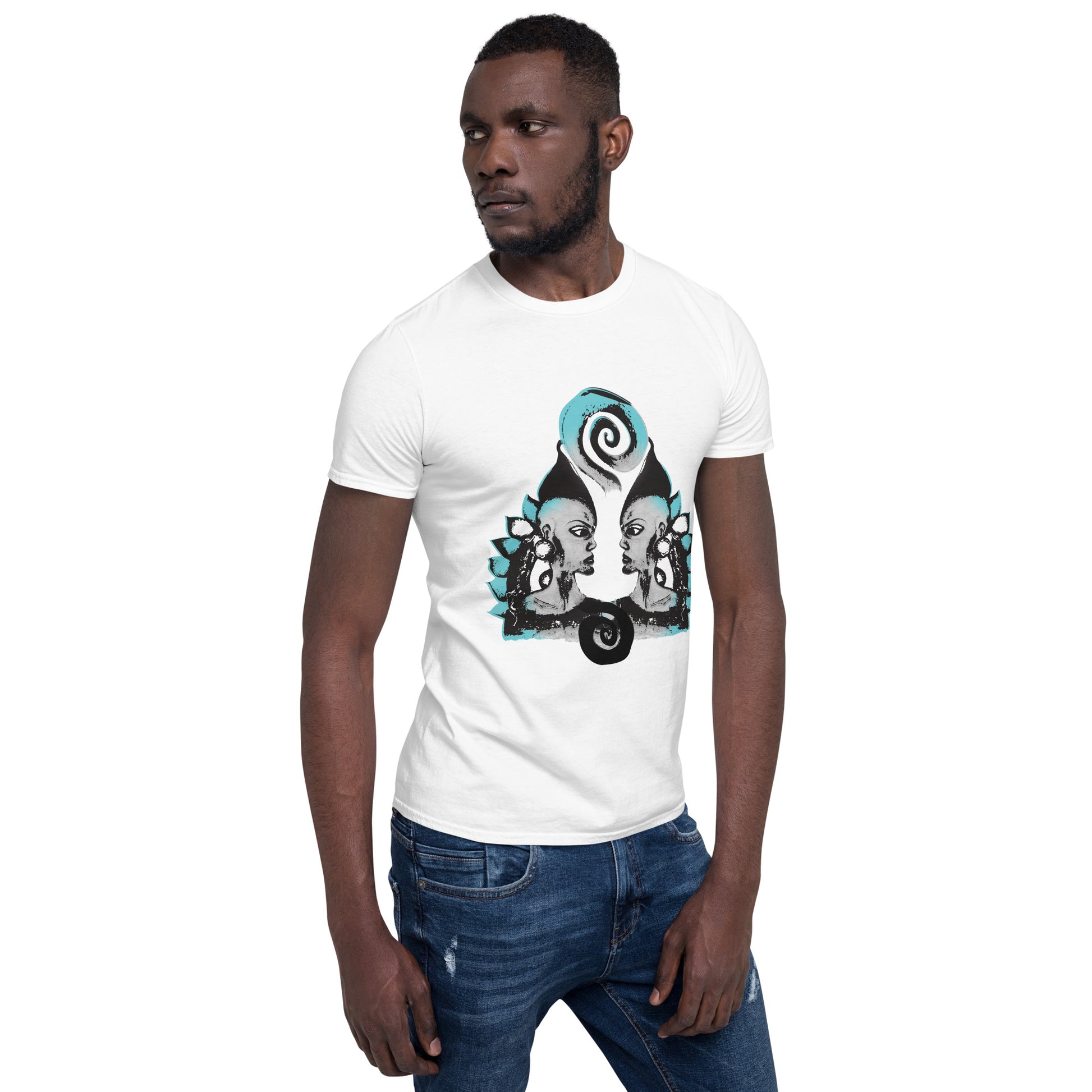 A male model wearing white K.L.O.E. t-shirt featuring a culturally inspired, hand-drawn design of two mirrored faces with bold, artistic details in black and teal, symbolizing self-expression and individuality in bohemian style clothing.