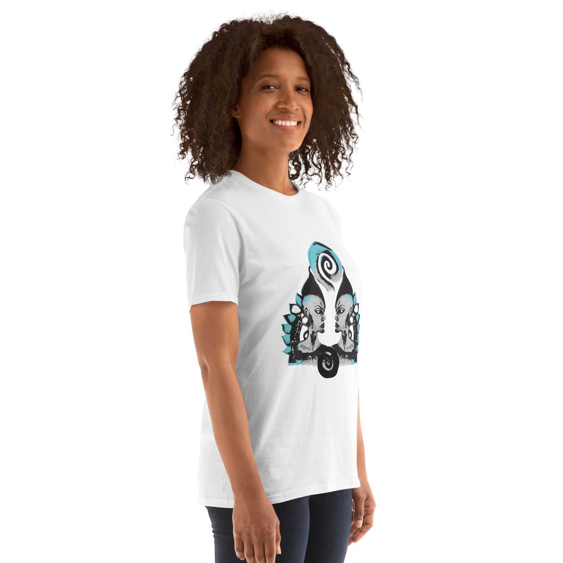 A model wearing white K.L.O.E. t-shirt featuring a culturally inspired, hand-drawn design of two mirrored faces with bold, artistic details in black and teal, symbolizing self-expression and individuality in bohemian style clothing.