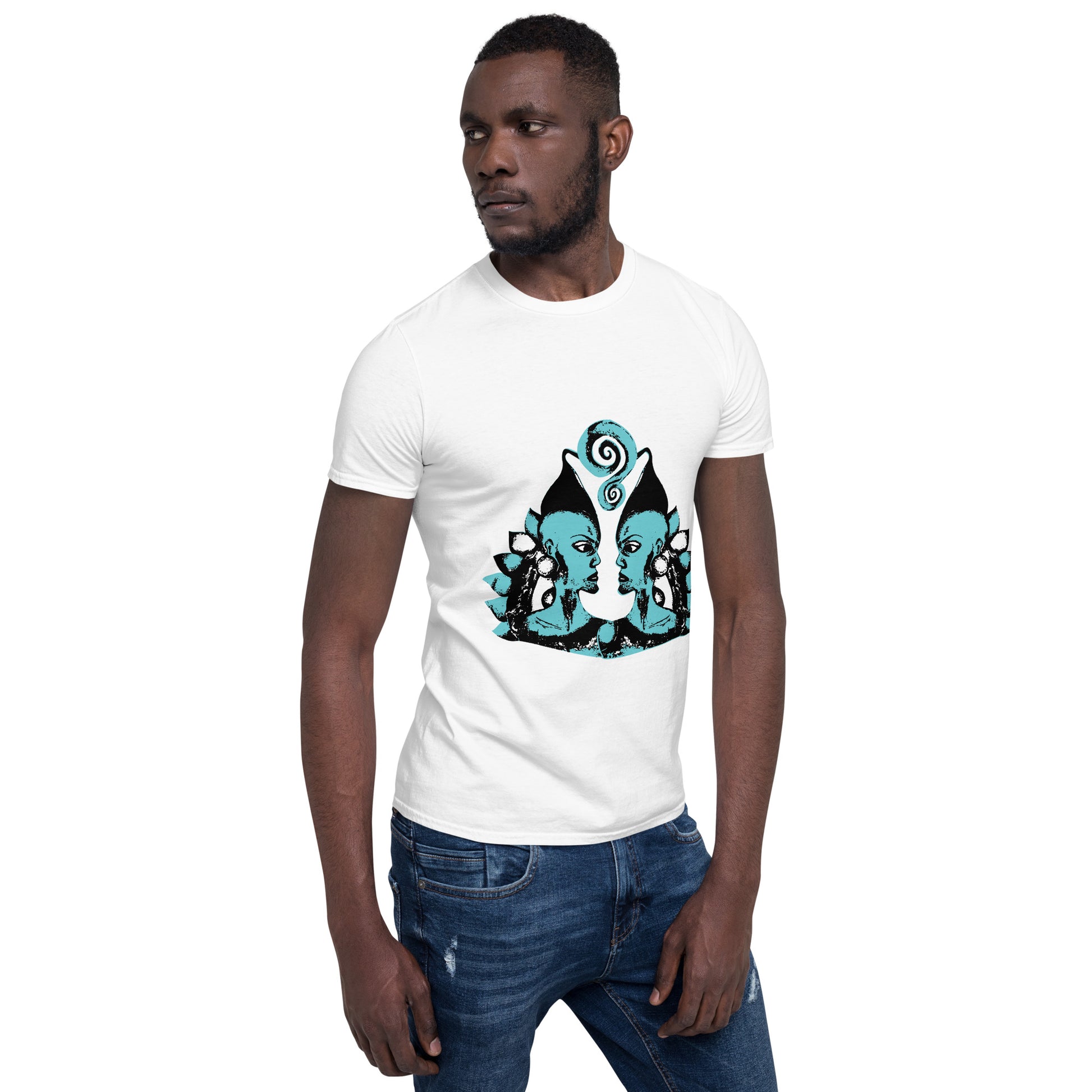 A male model wearing white K.L.O.E. t-shirt showcasing a hand-drawn design of two mirrored faces in black and teal, embodying culturally inspired, bohemian style fashion focused on individuality and artistic expression.