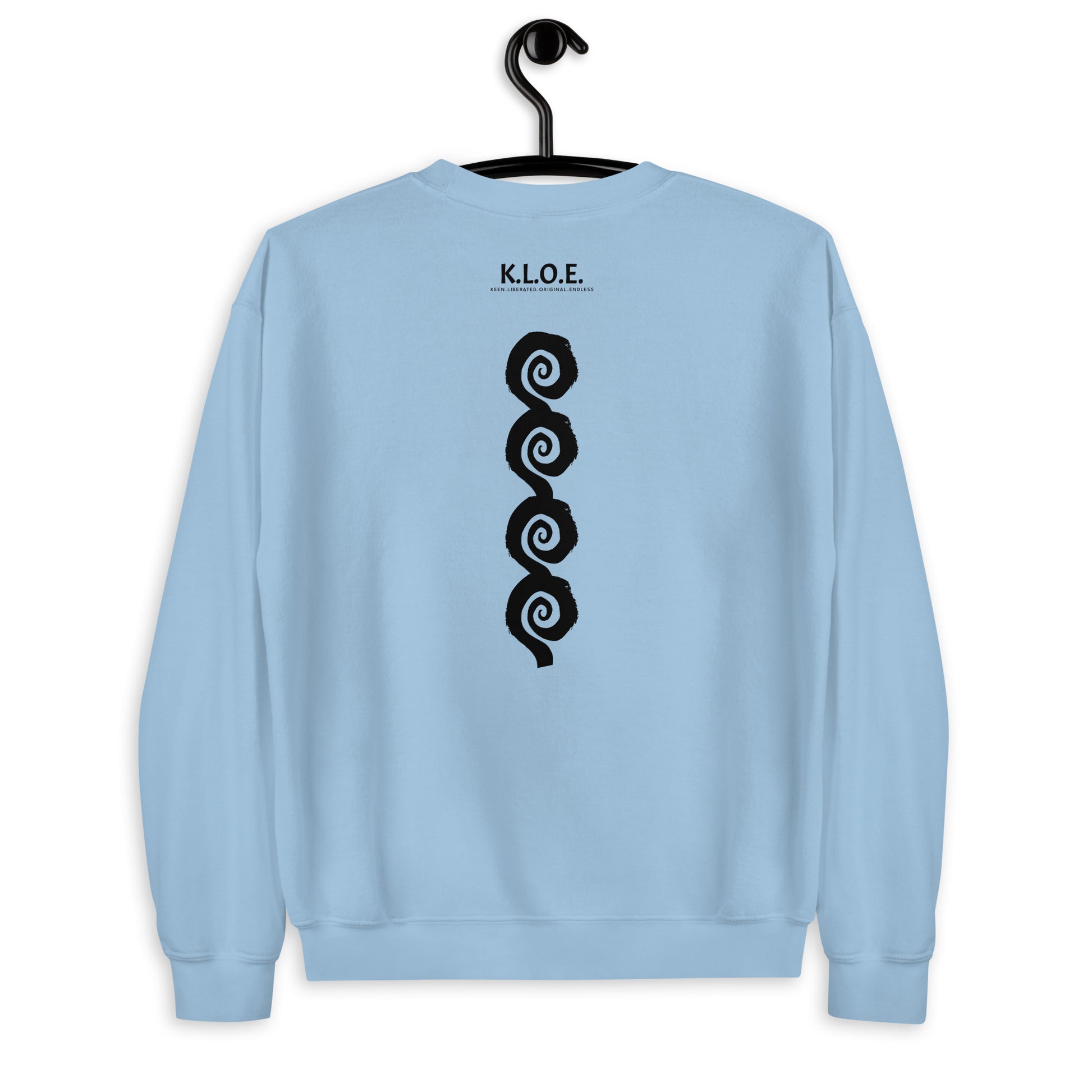 Back view of blue K.L.O.E. sweatshirt showcasing a bold, hand-drawn black spiral design symbolising creativity and individuality, with the K.L.O.E. logo above, reflecting modern bohemian style and artistic self-expression.