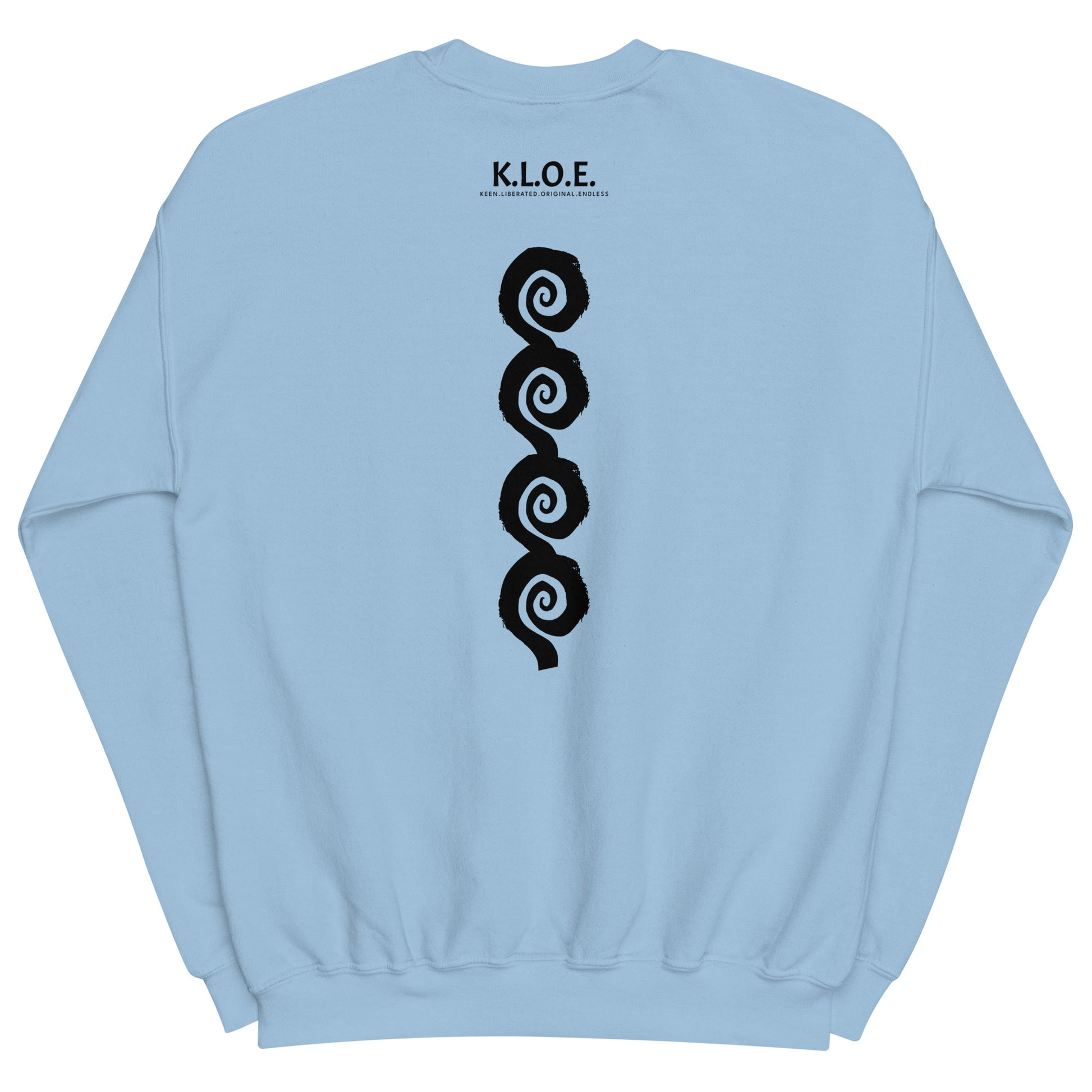 Back view of blue K.L.O.E. sweatshirt showcasing a bold, hand-drawn black spiral design symbolising creativity and individuality, with the K.L.O.E. logo above, reflecting modern bohemian style and artistic self-expression.