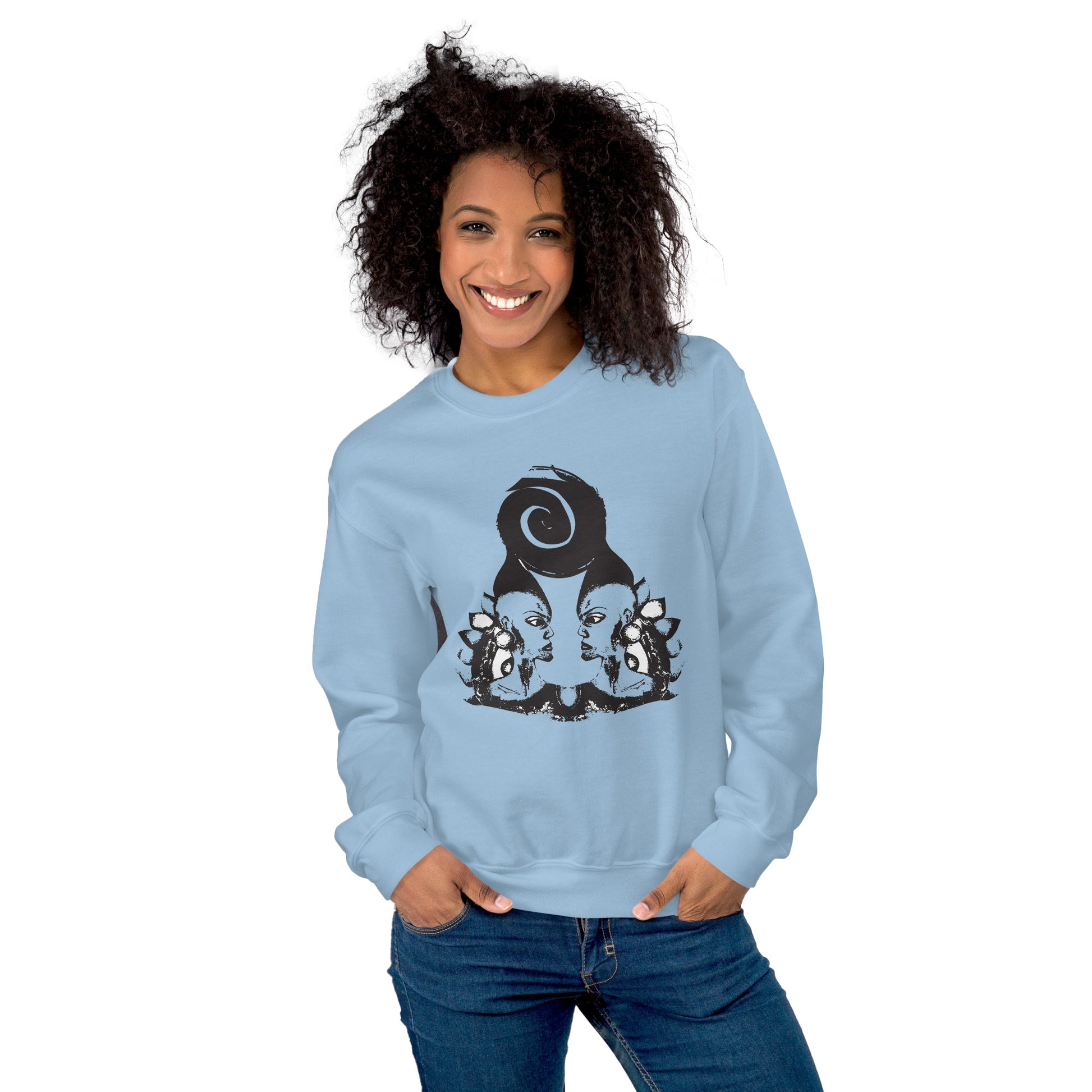 Model wearing blue K.L.O.E. sweatshirt featuring a culturally inspired, hand-drawn design of two mirrored faces in bold black, showcasing unique artistry and self-expression in modern bohemian style clothing.