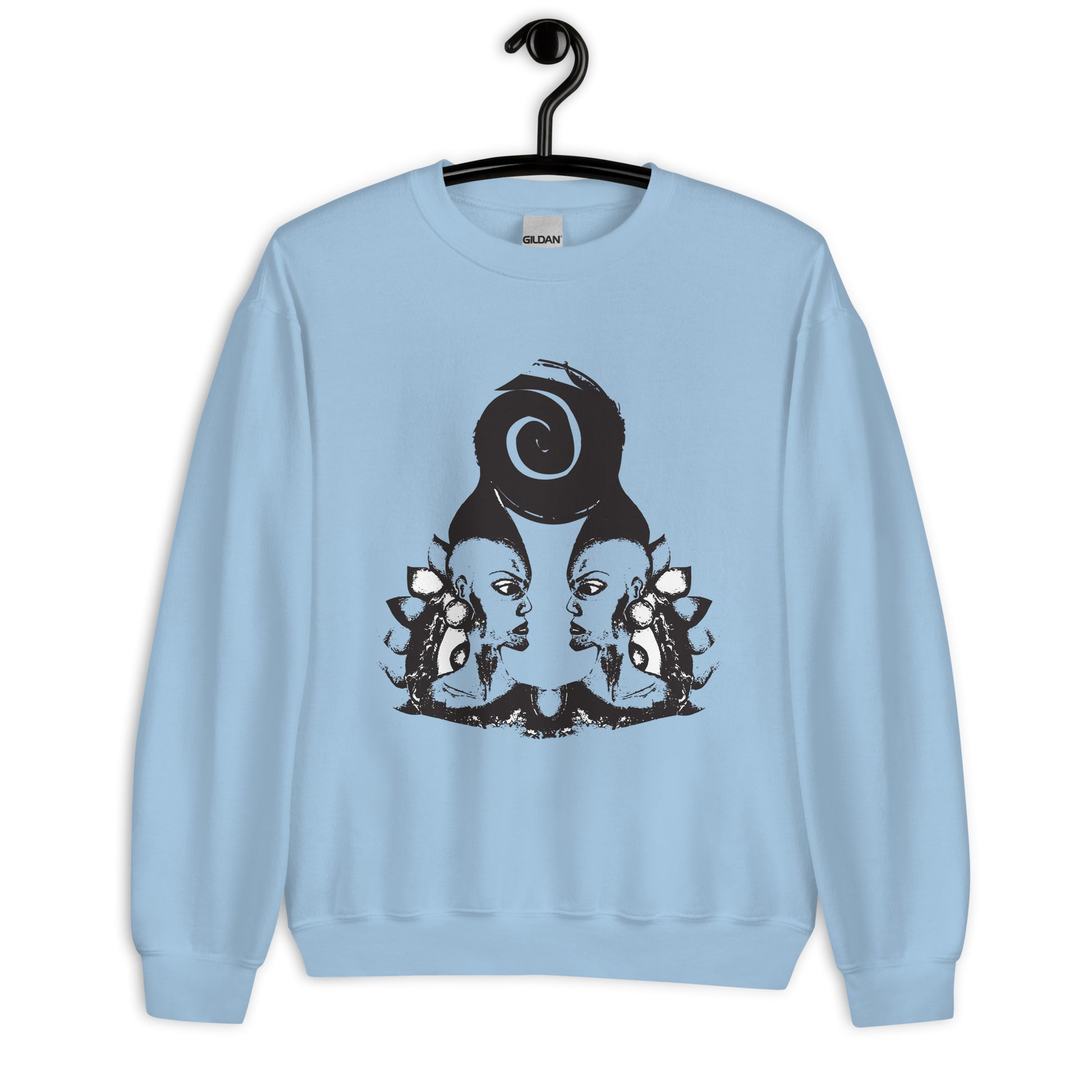 Blue K.L.O.E. sweatshirt featuring a culturally inspired, hand-drawn design of two mirrored faces in bold black, showcasing unique artistry and self-expression in modern bohemian style clothing.