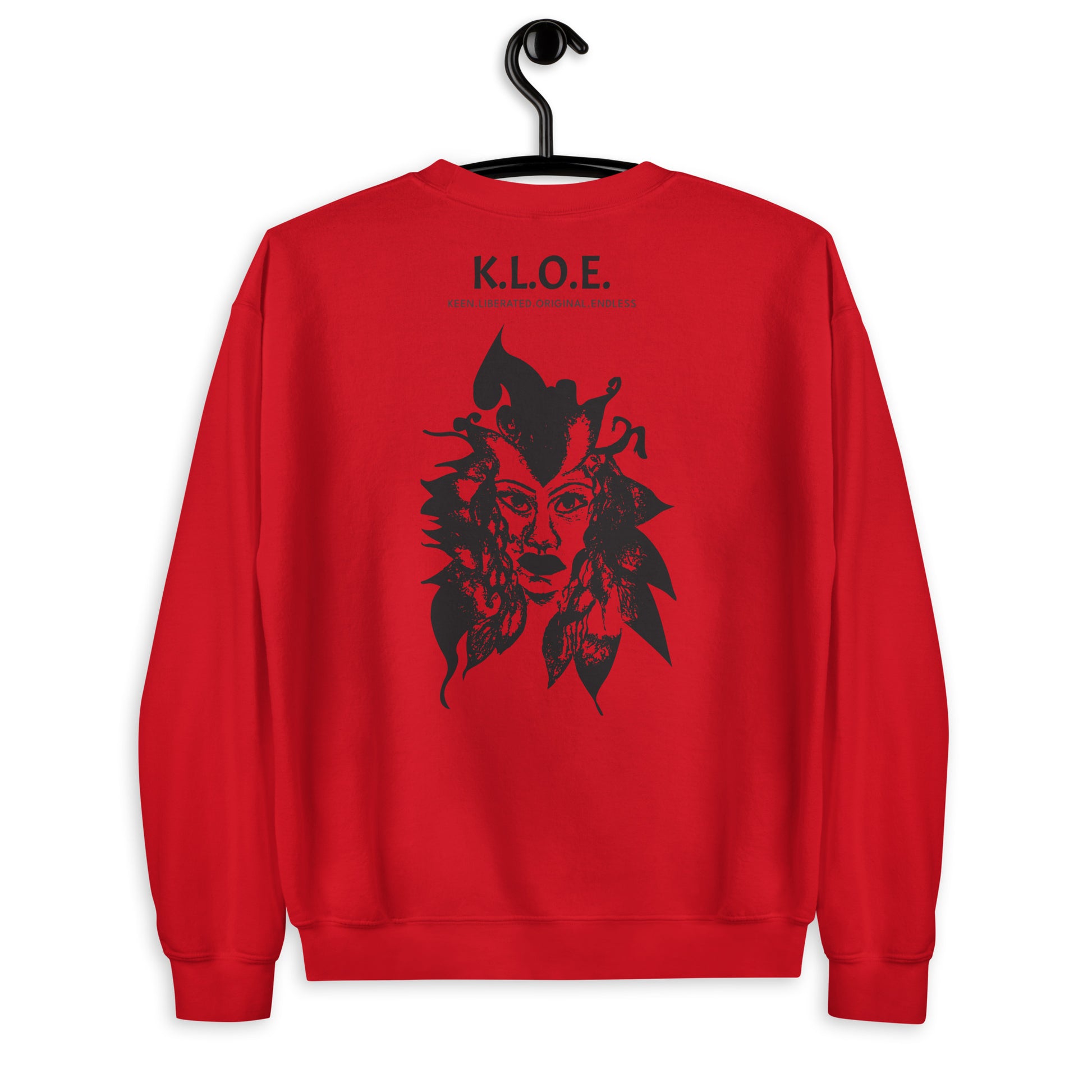 Back view of a red K.L.O.E. sweatshirt showcasing a culturally inspired, hand-drawn black design featuring a bold, expressive face intertwined with flowing, abstract patterns, and K.L.O.E. logo, embodying artistic self-expression and modern bohemian style fashion.