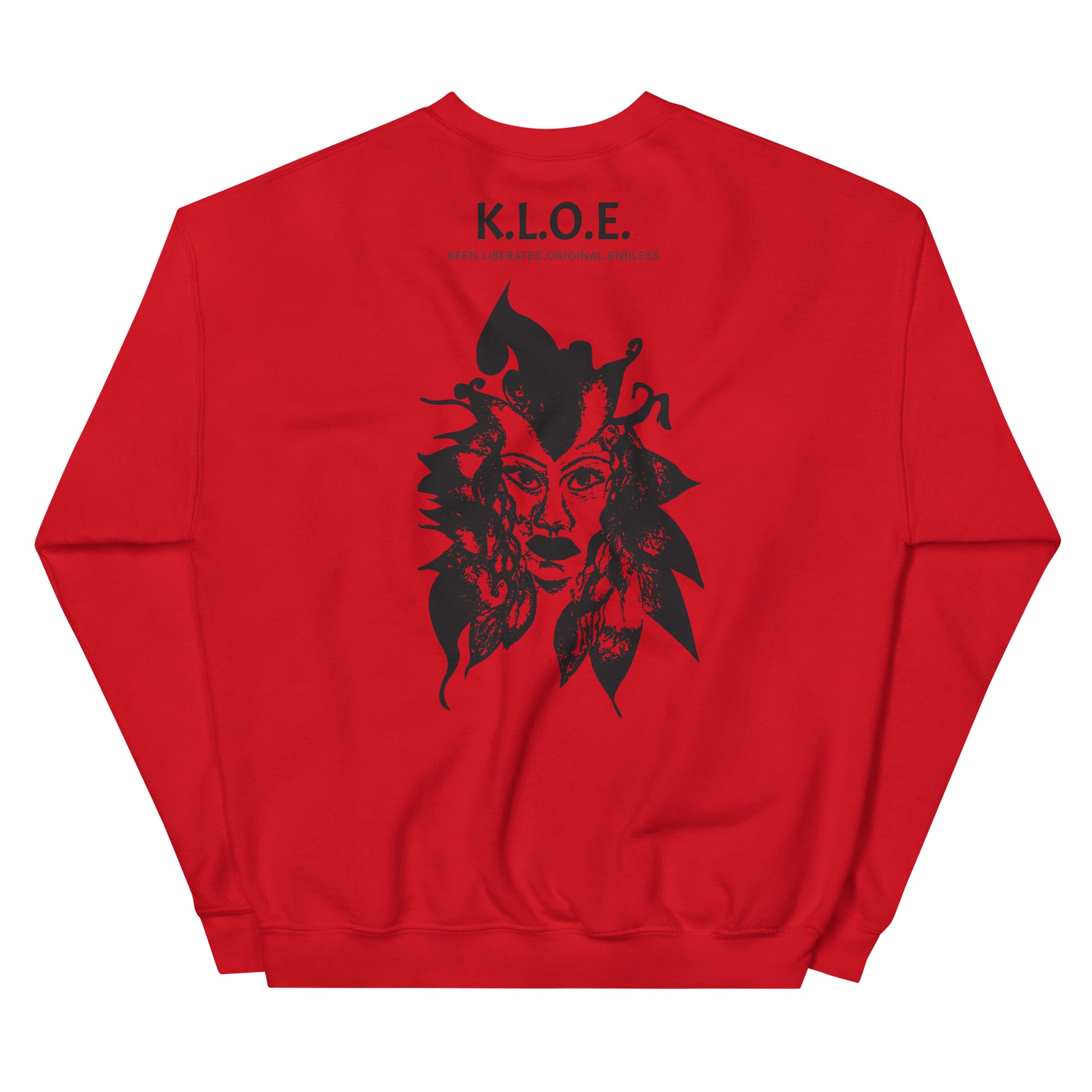 Back view of a red K.L.O.E. sweatshirt showcasing a culturally inspired, hand-drawn black design featuring a bold, expressive face intertwined with flowing, abstract patterns, and K.L.O.E. logo, embodying artistic self-expression and modern bohemian style fashion.