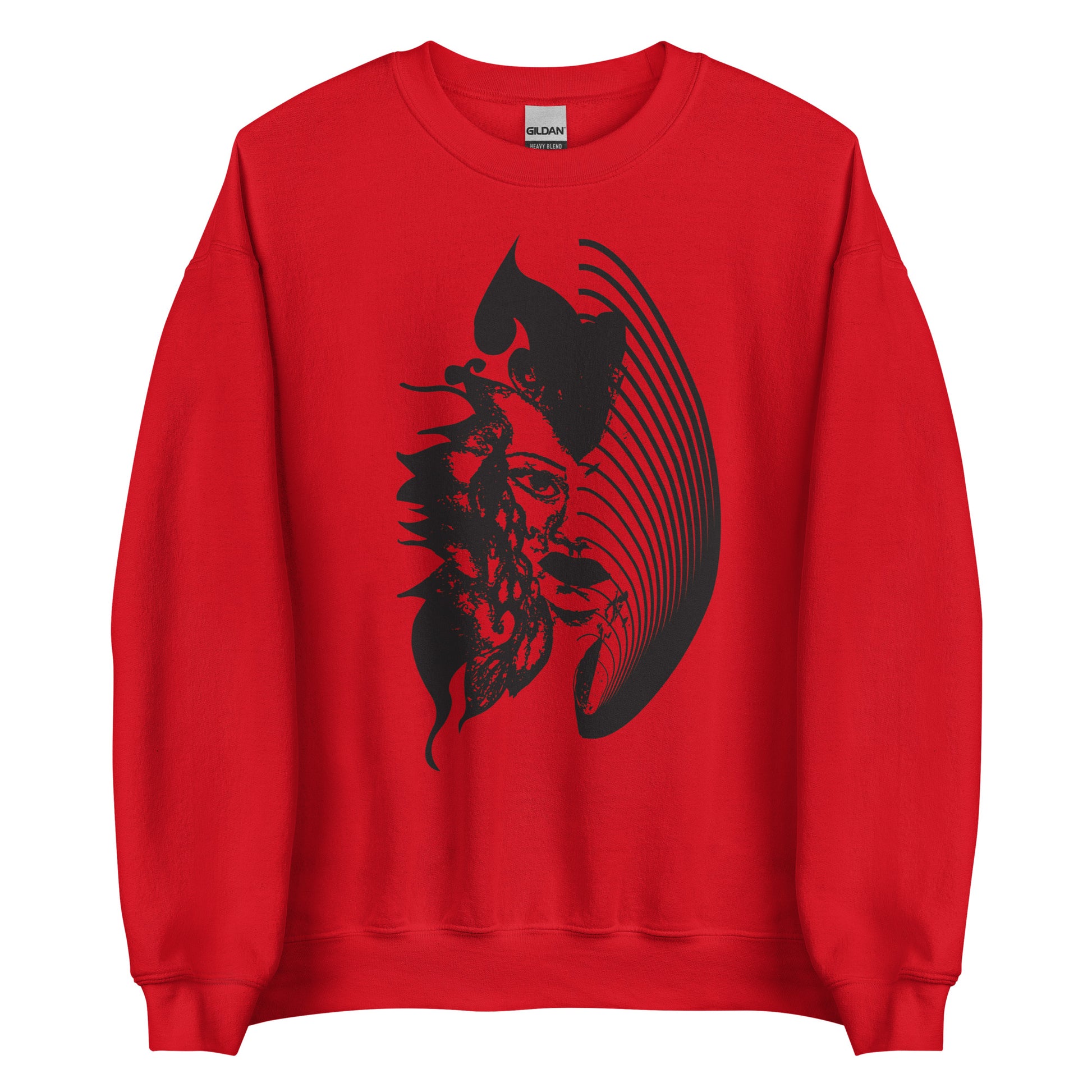 Red K.L.O.E. sweatshirt featuring a culturally inspired, hand-drawn black graphic of a bold, expressive face surrounded by intricate details, celebrating individuality and artistic self-expression in modern bohemian style fashion.