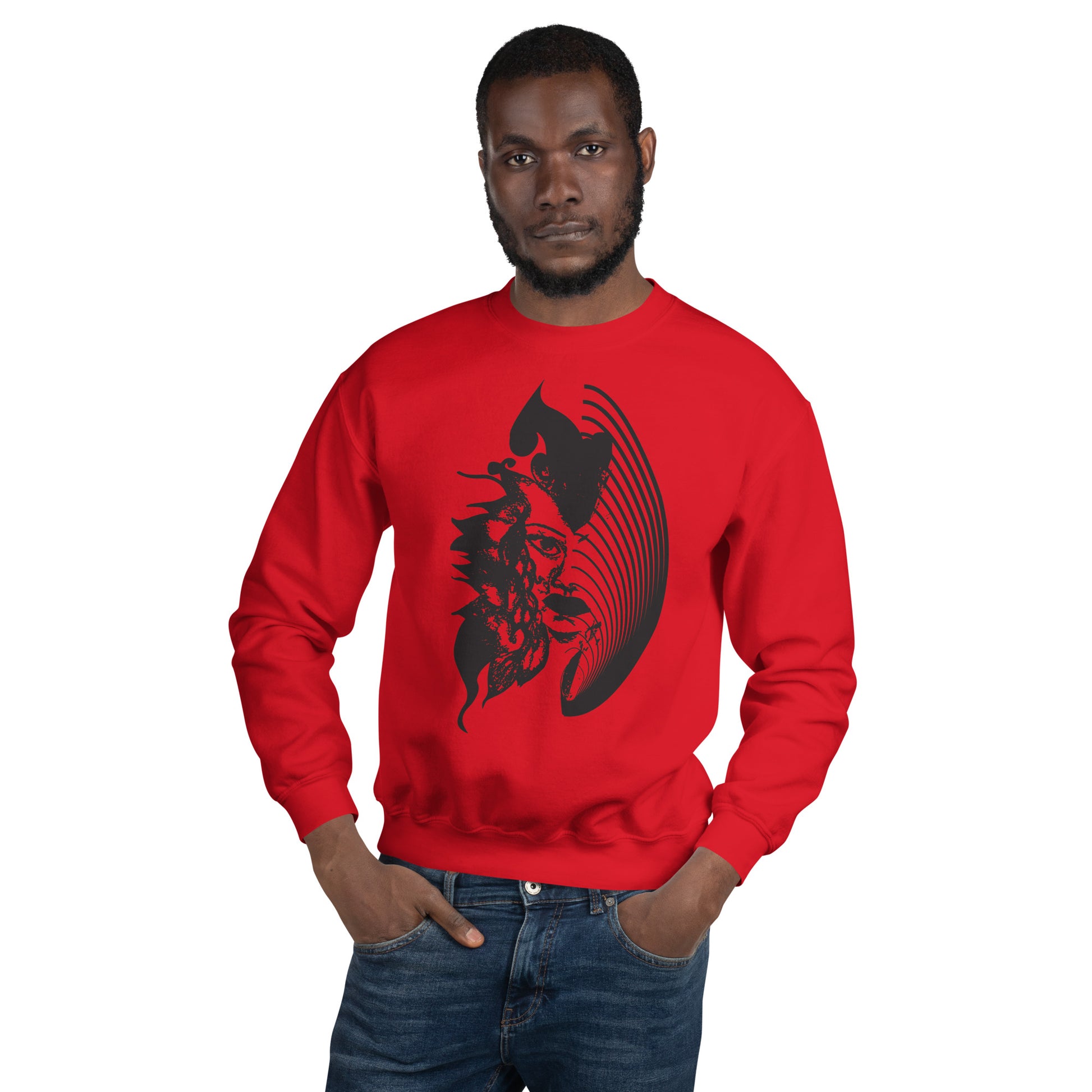 A model wearing red K.L.O.E. sweatshirt featuring a culturally inspired, hand-drawn black graphic of a bold, expressive face surrounded by intricate details, celebrating individuality and artistic self-expression in modern bohemian style fashion.