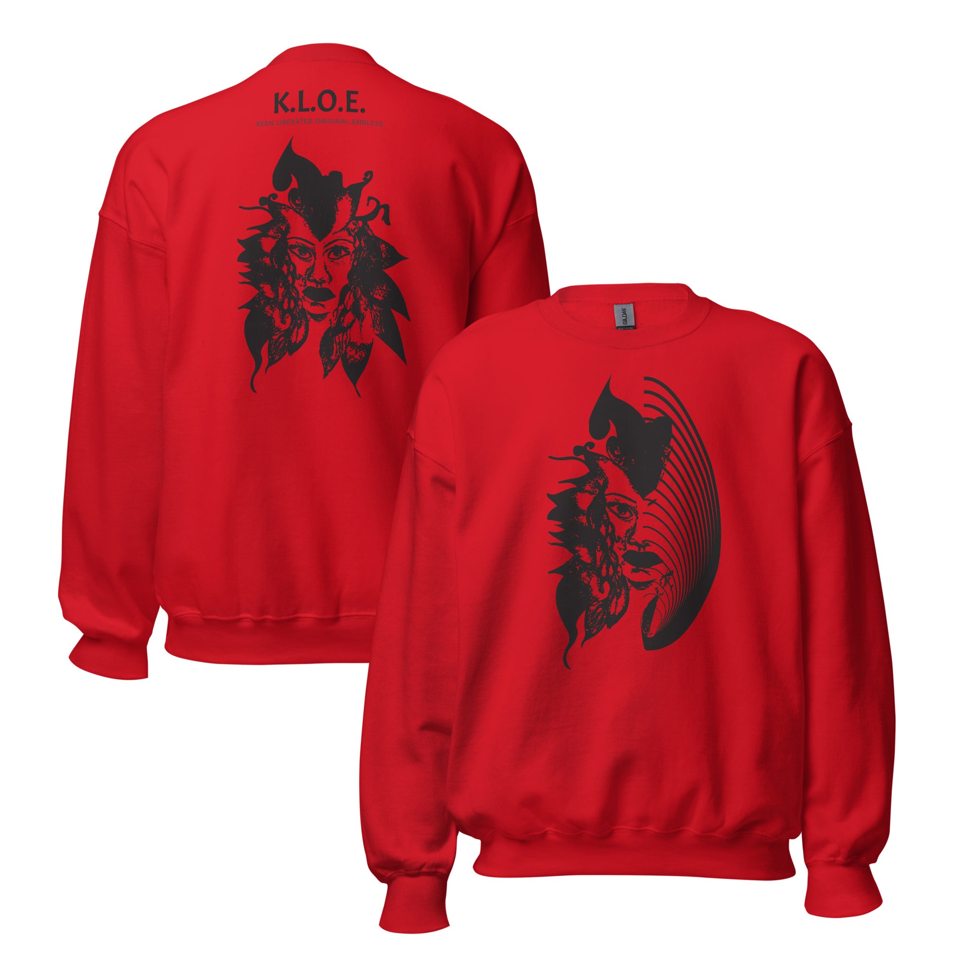 Back and front view of the red K.L.O.E. sweatshirt featuring a culturally inspired, hand-drawn black graphic of a bold, expressive face surrounded by intricate details, celebrating individuality and artistic self-expression in modern bohemian style fashion.