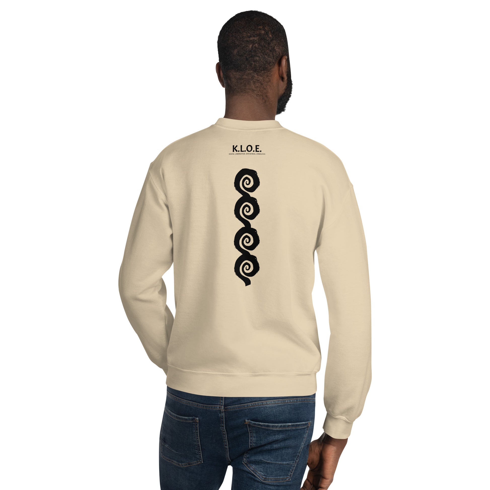 Back view of sand color K.L.O.E. sweatshirt showcasing a bold, hand-drawn black spiral design symbolising creativity and individuality, with the K.L.O.E. logo above, reflecting modern bohemian style and artistic self-expression, worn by a male model.