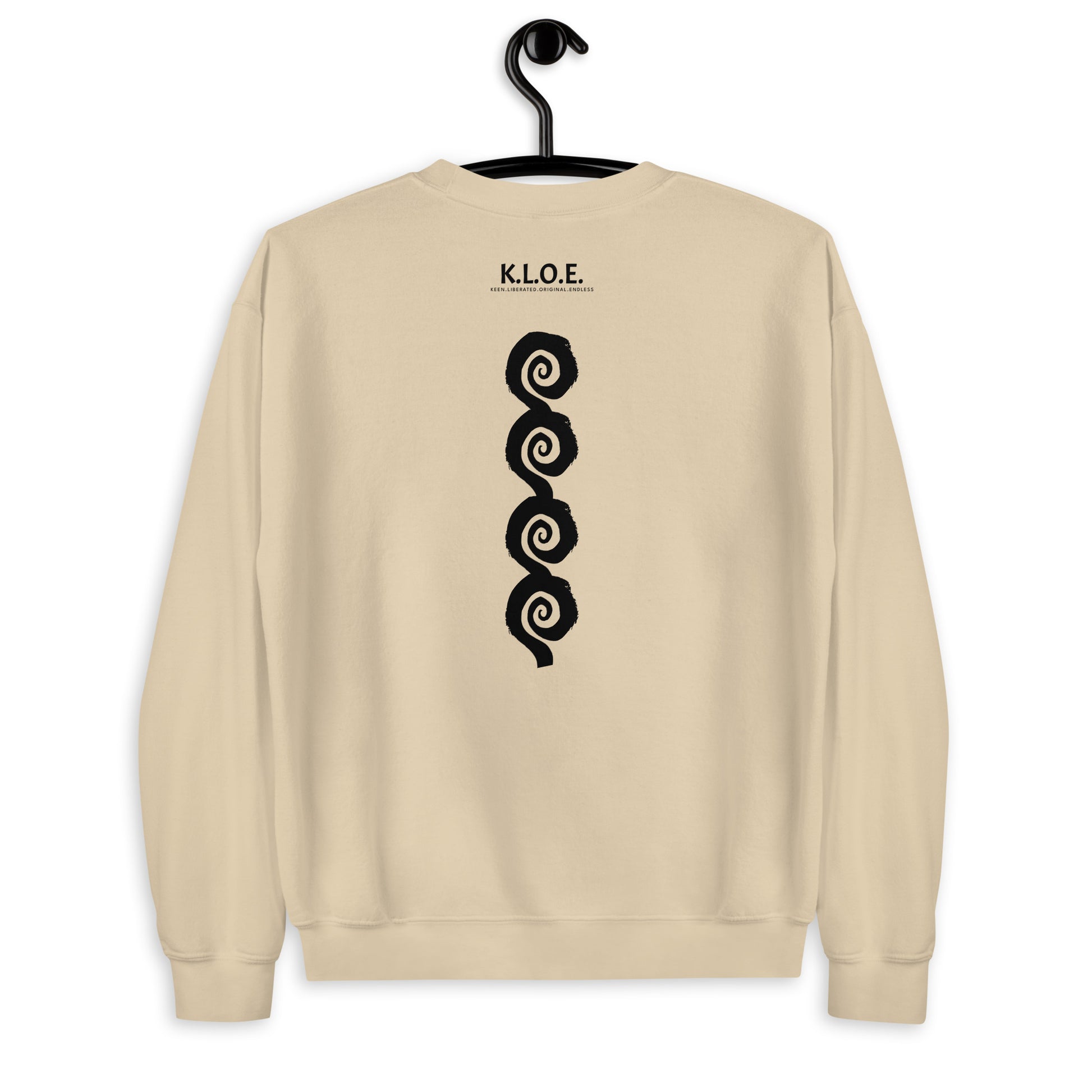 Back view of sand color K.L.O.E. sweatshirt showcasing a bold, hand-drawn black spiral design symbolising creativity and individuality, with the K.L.O.E. logo above, reflecting modern bohemian style and artistic self-expression.
