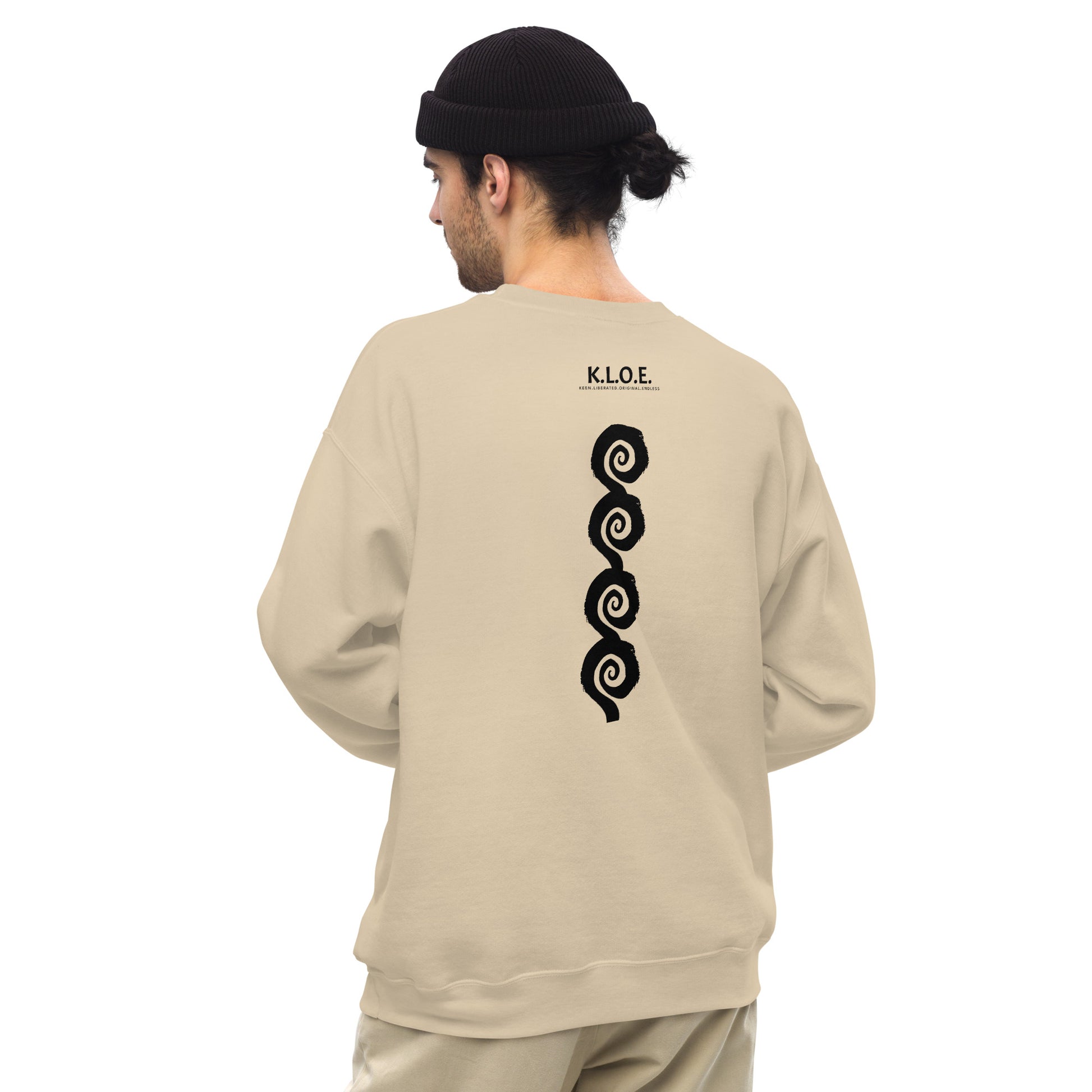 Back view of sand color K.L.O.E. sweatshirt showcasing a bold, hand-drawn black spiral design symbolising creativity and individuality, with the K.L.O.E. logo above, reflecting modern bohemian style and artistic self-expression, worn by a male model.