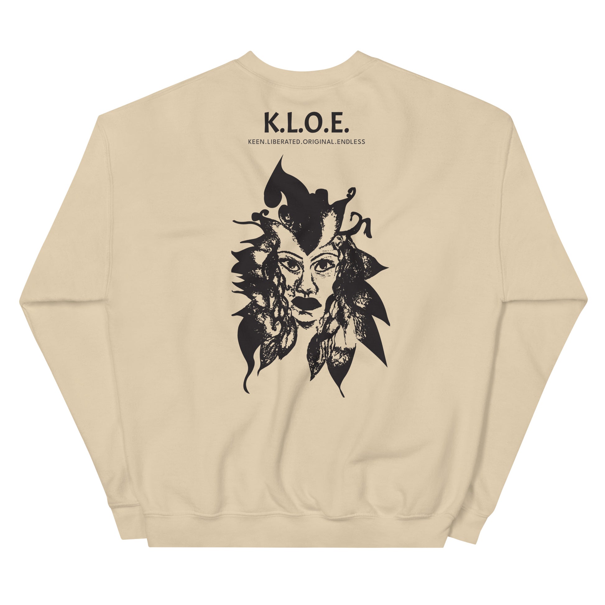 Back view of a sand K.L.O.E. sweatshirt showcasing a culturally inspired, hand-drawn black design featuring a bold, expressive face intertwined with flowing, abstract patterns, and K.L.O.E. logo, embodying artistic self-expression and modern bohemian style fashion.