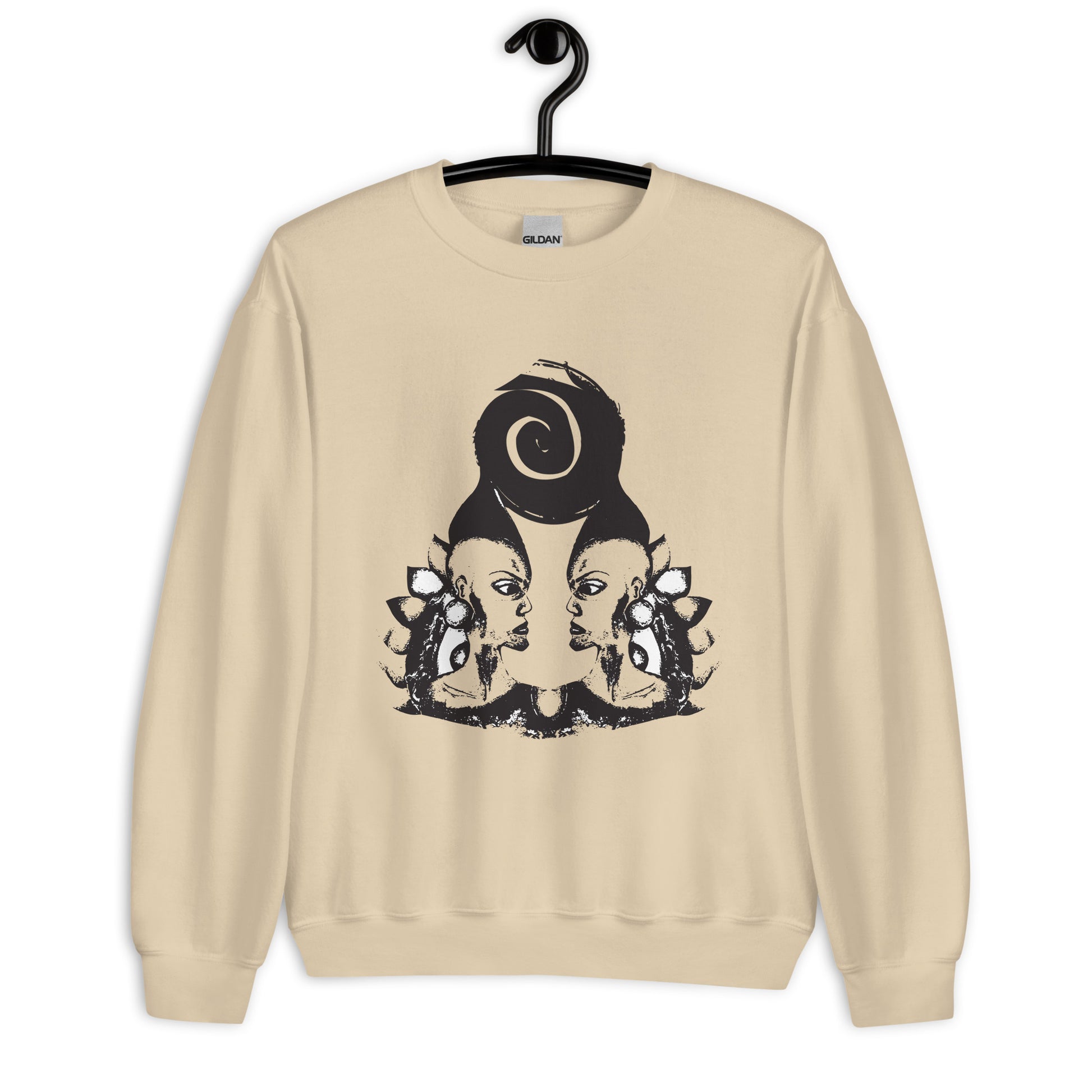 Sand color K.L.O.E. sweatshirt featuring a culturally inspired, hand-drawn design of two mirrored faces in bold black, showcasing unique artistry and self-expression in modern bohemian style clothing.