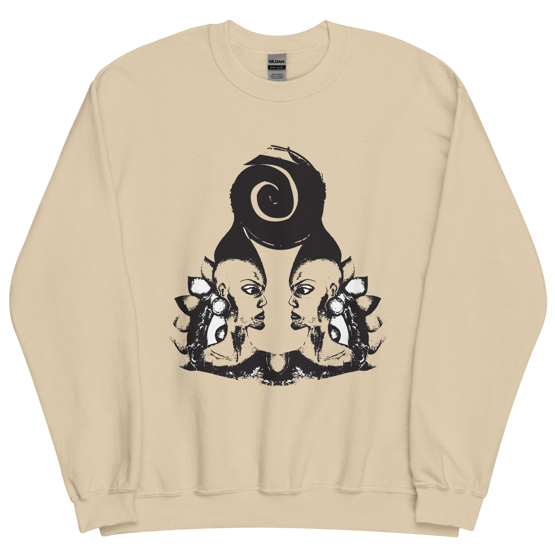 Sand color K.L.O.E. sweatshirt featuring a culturally inspired, hand-drawn design of two mirrored faces in bold black, showcasing unique artistry and self-expression in modern bohemian style clothing.