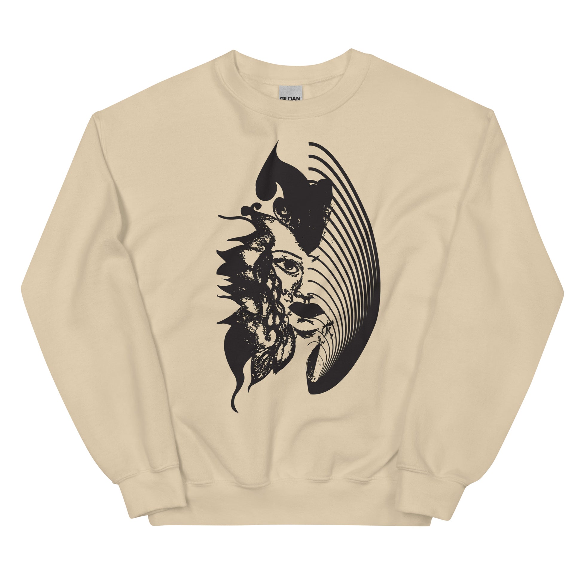 Sand K.L.O.E. sweatshirt featuring a culturally inspired, hand-drawn black graphic of a bold, expressive face surrounded by intricate details, celebrating individuality and artistic self-expression in modern bohemian style fashion.