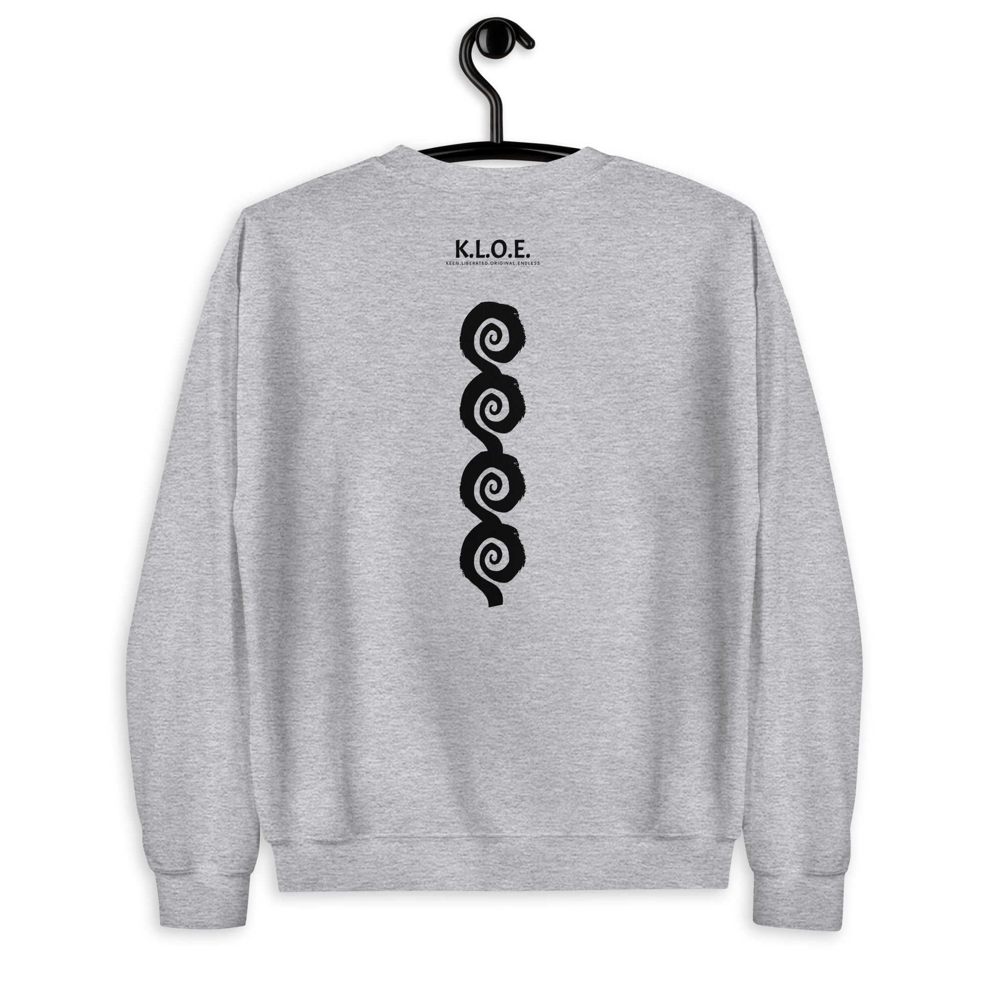 Back view of grey K.L.O.E. sweatshirt showcasing a bold, hand-drawn black spiral design symbolising creativity and individuality, with the K.L.O.E. logo above, reflecting modern bohemian style and artistic self-expression.