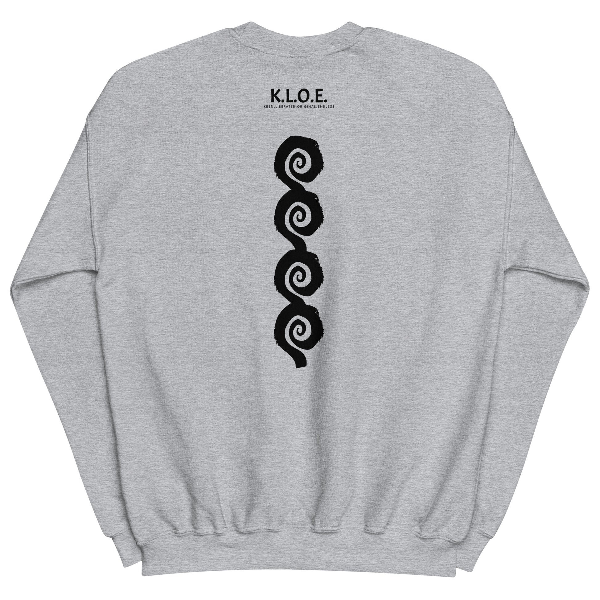 Back view of grey K.L.O.E. sweatshirt showcasing a bold, hand-drawn black spiral design symbolising creativity and individuality, with the K.L.O.E. logo above, reflecting modern bohemian style and artistic self-expression.