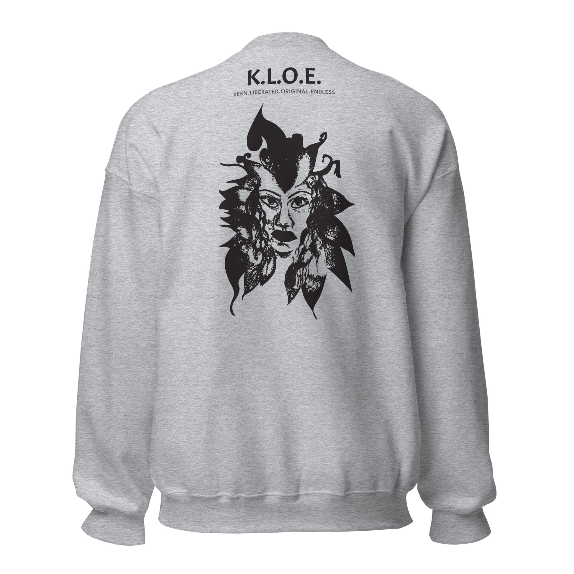 Back view of a grey K.L.O.E. sweatshirt showcasing a culturally inspired, hand-drawn black design featuring a bold, expressive face intertwined with flowing, abstract patterns, and K.L.O.E. logo, embodying artistic self-expression and modern bohemian style fashion.