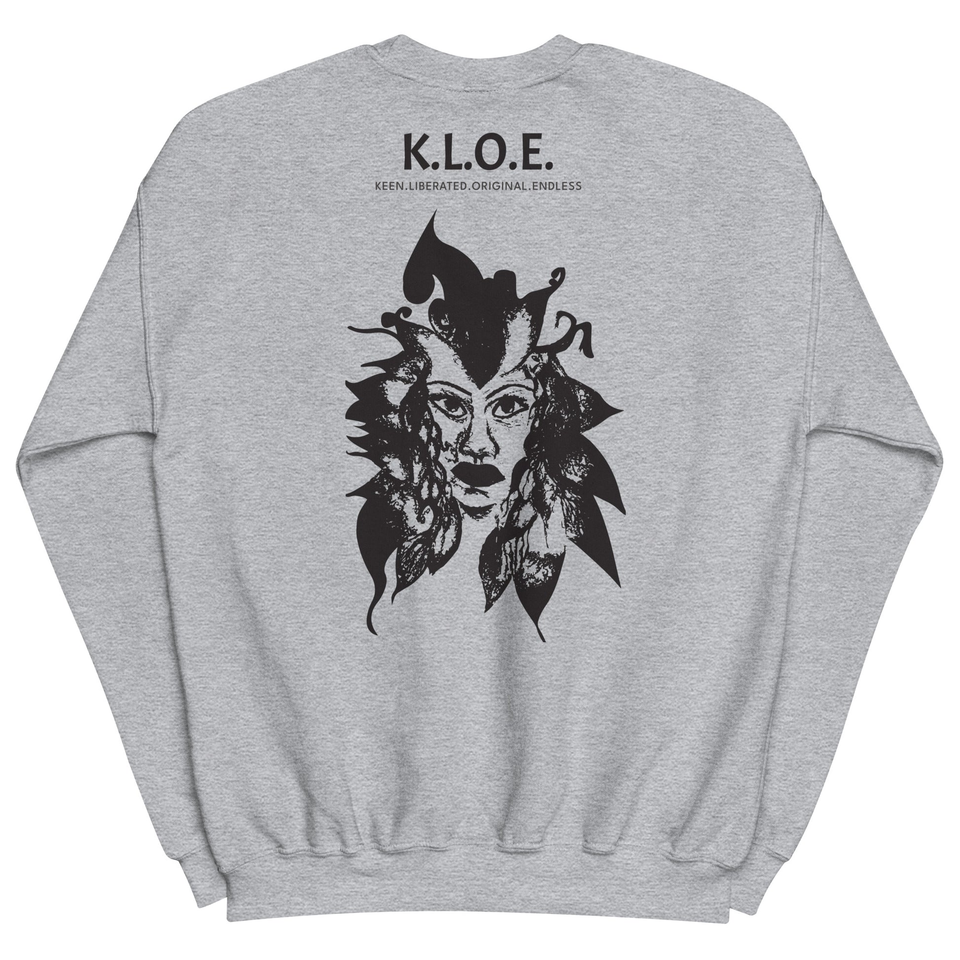 Back view of a grey K.L.O.E. sweatshirt showcasing a culturally inspired, hand-drawn black design featuring a bold, expressive face intertwined with flowing, abstract patterns, and K.L.O.E. logo, embodying artistic self-expression and modern bohemian style fashion.