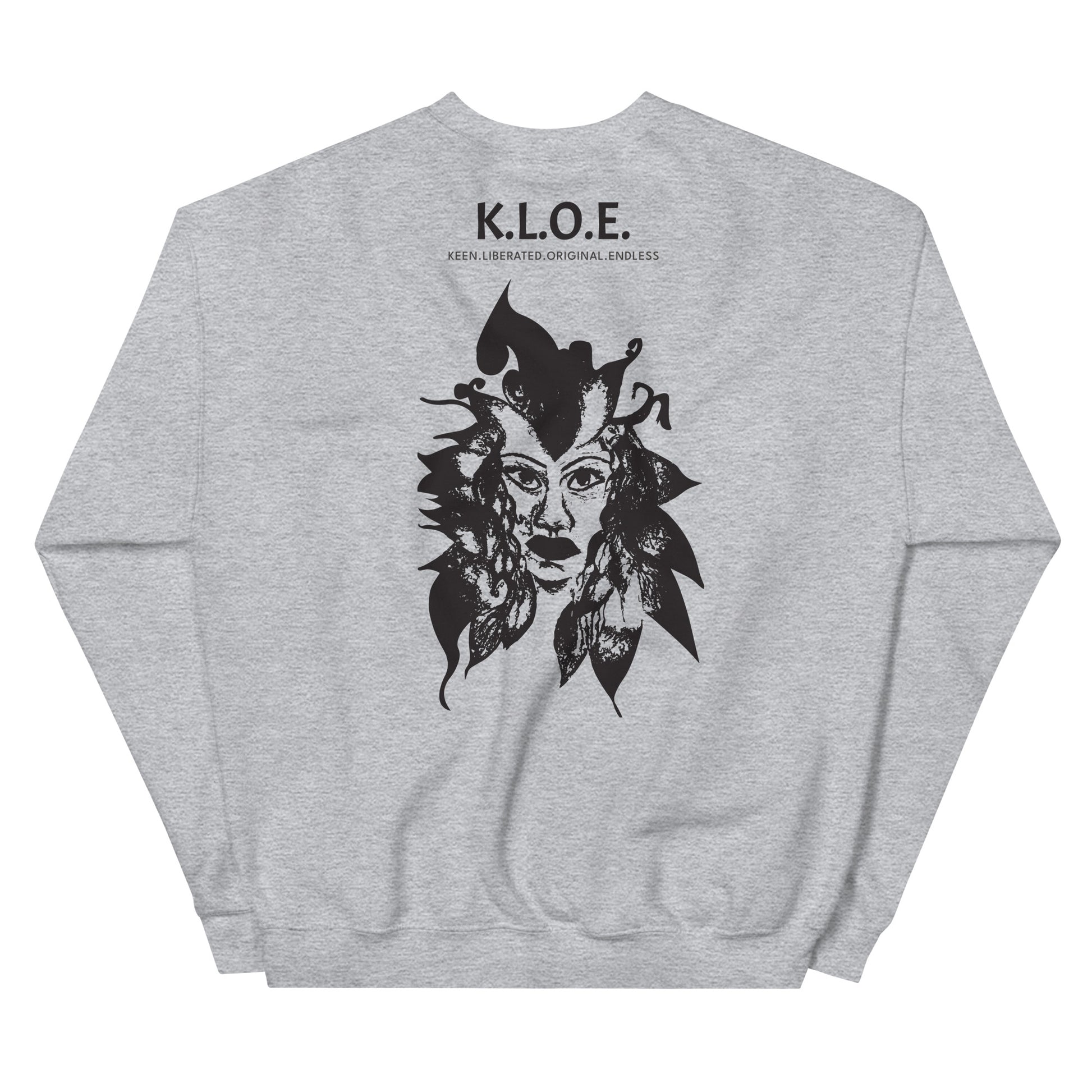 Back view of a grey K.L.O.E. sweatshirt showcasing a culturally inspired, hand-drawn black design featuring a bold, expressive face intertwined with flowing, abstract patterns, and K.L.O.E. logo, embodying artistic self-expression and modern bohemian style fashion.