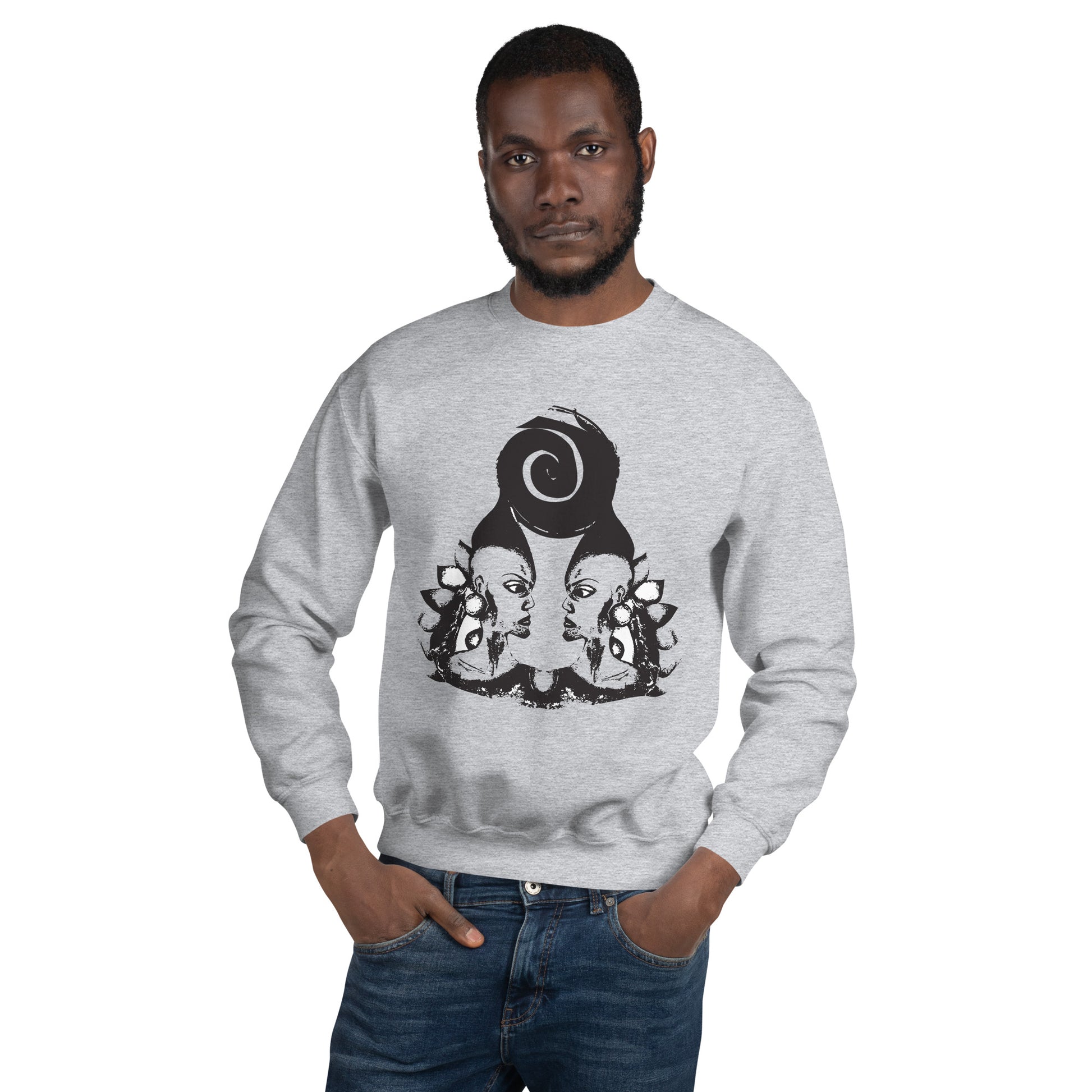 A male model wearing grey K.L.O.E. sweatshirt featuring a culturally inspired, hand-drawn design of two mirrored faces in bold black, showcasing unique artistry and self-expression in modern bohemian style clothing.