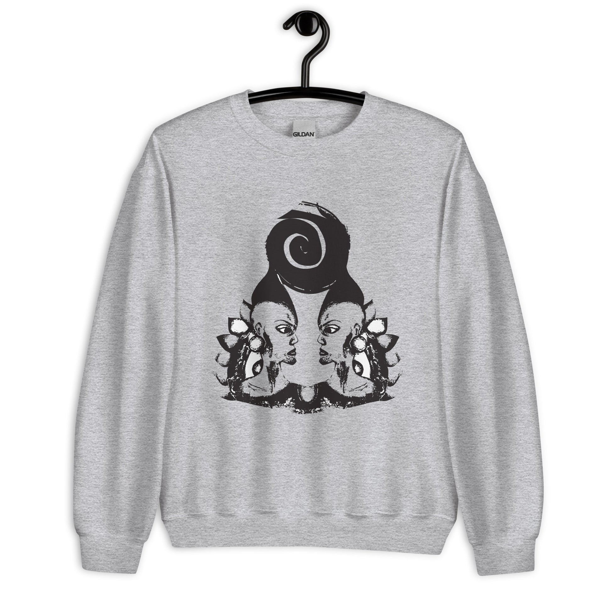 Grey K.L.O.E. sweatshirt featuring a culturally inspired, hand-drawn design of two mirrored faces in bold black, showcasing unique artistry and self-expression in modern bohemian style clothing.
