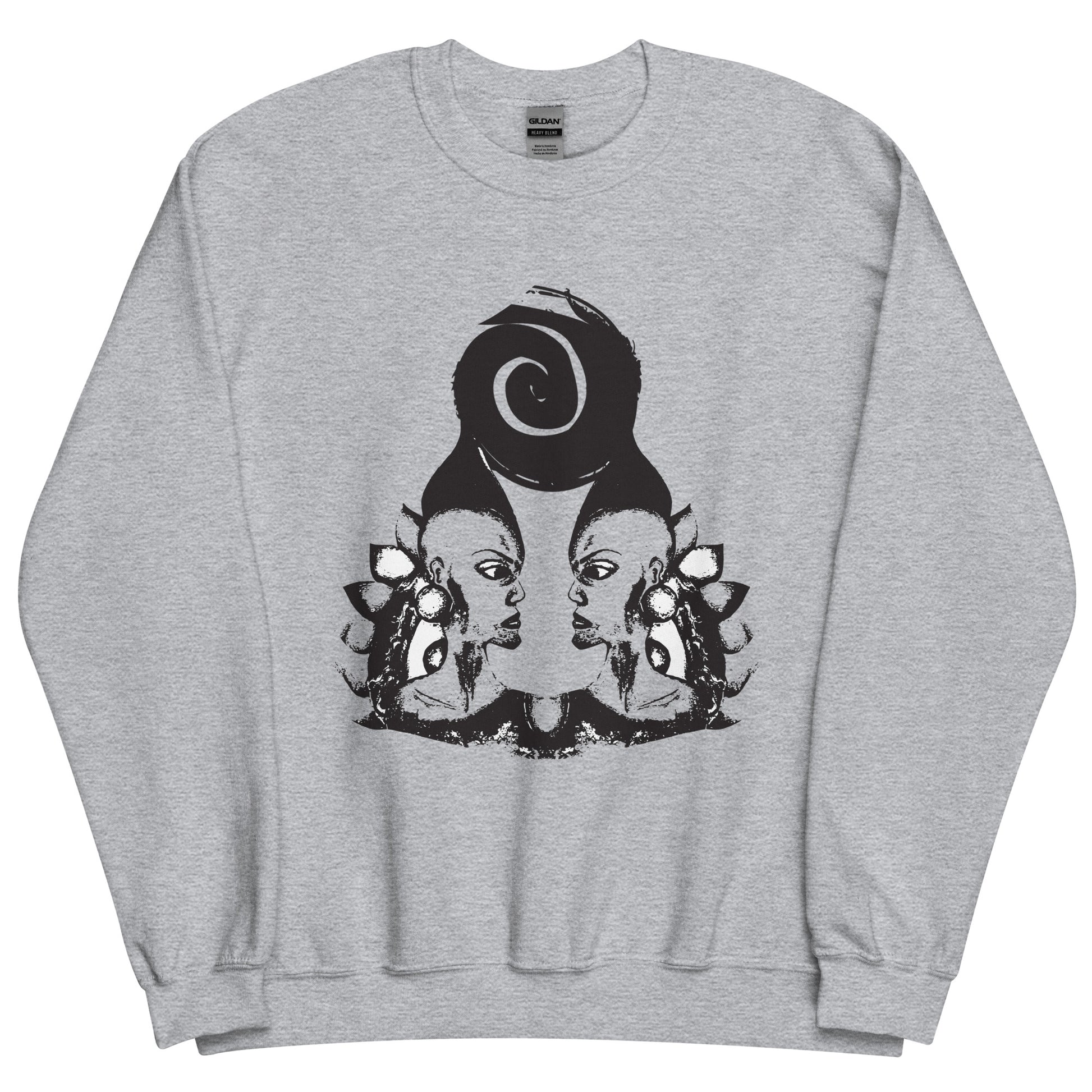 Grey K.L.O.E. sweatshirt featuring a culturally inspired, hand-drawn design of two mirrored faces in bold black, showcasing unique artistry and self-expression in modern bohemian style clothing.