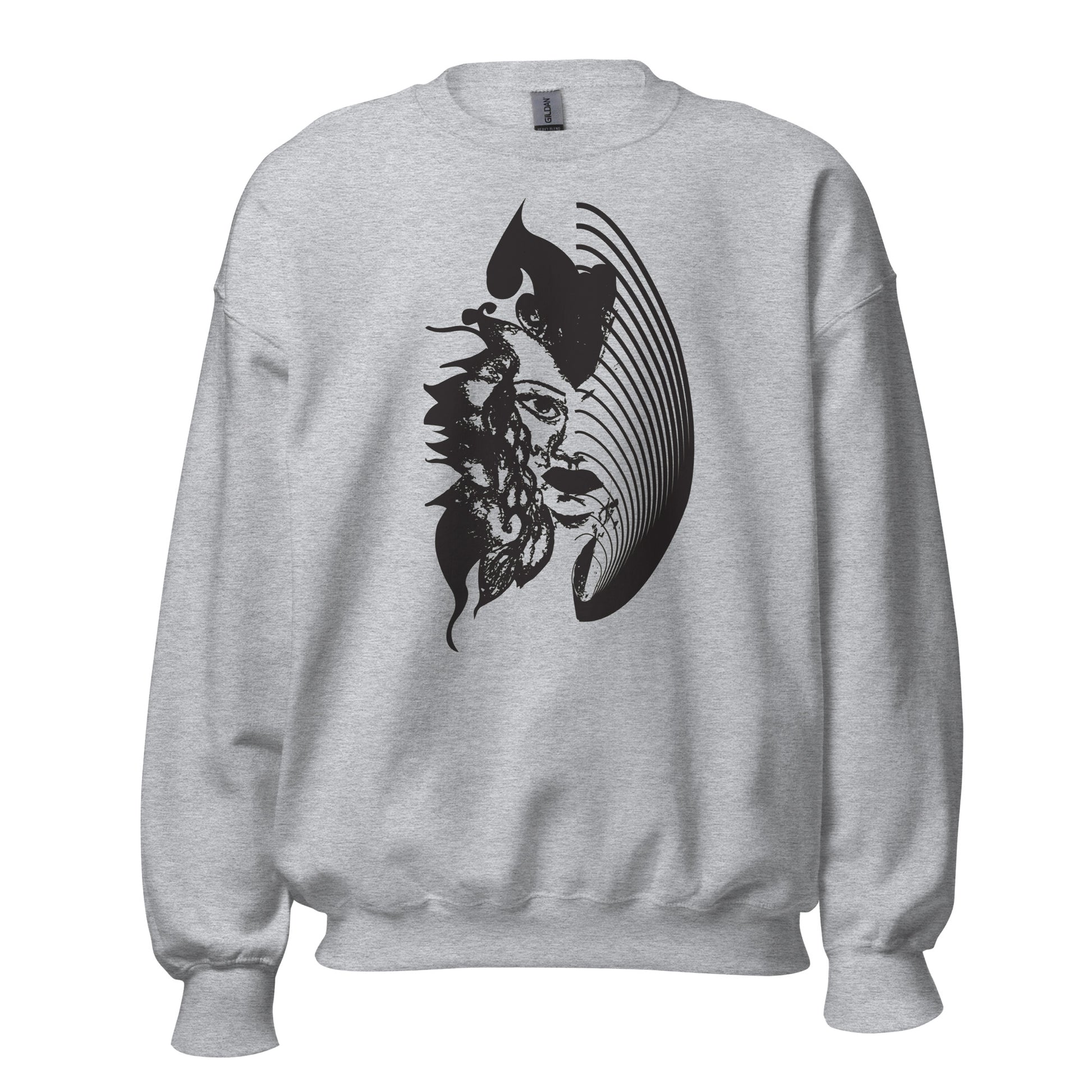 Grey K.L.O.E. sweatshirt featuring a culturally inspired, hand-drawn black graphic of a bold, expressive face surrounded by intricate details, celebrating individuality and artistic self-expression in modern bohemian style fashion.
