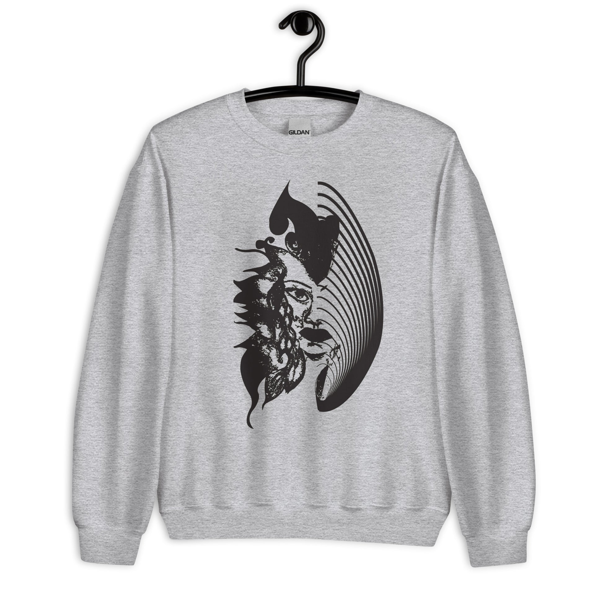 Grey K.L.O.E. sweatshirt featuring a culturally inspired, hand-drawn black graphic of a bold, expressive face surrounded by intricate details, celebrating individuality and artistic self-expression in modern bohemian style fashion.