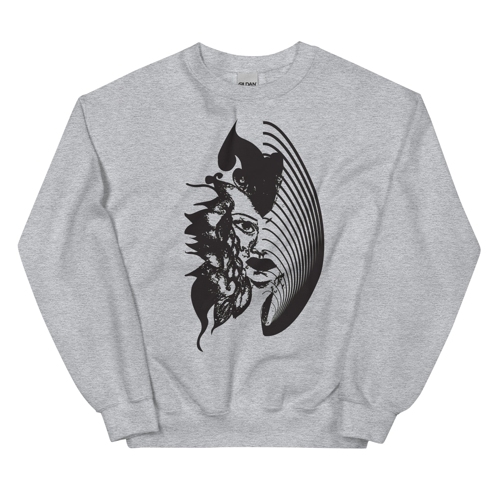 Grey K.L.O.E. sweatshirt featuring a culturally inspired, hand-drawn black graphic of a bold, expressive face surrounded by intricate details, celebrating individuality and artistic self-expression in modern bohemian style fashion.