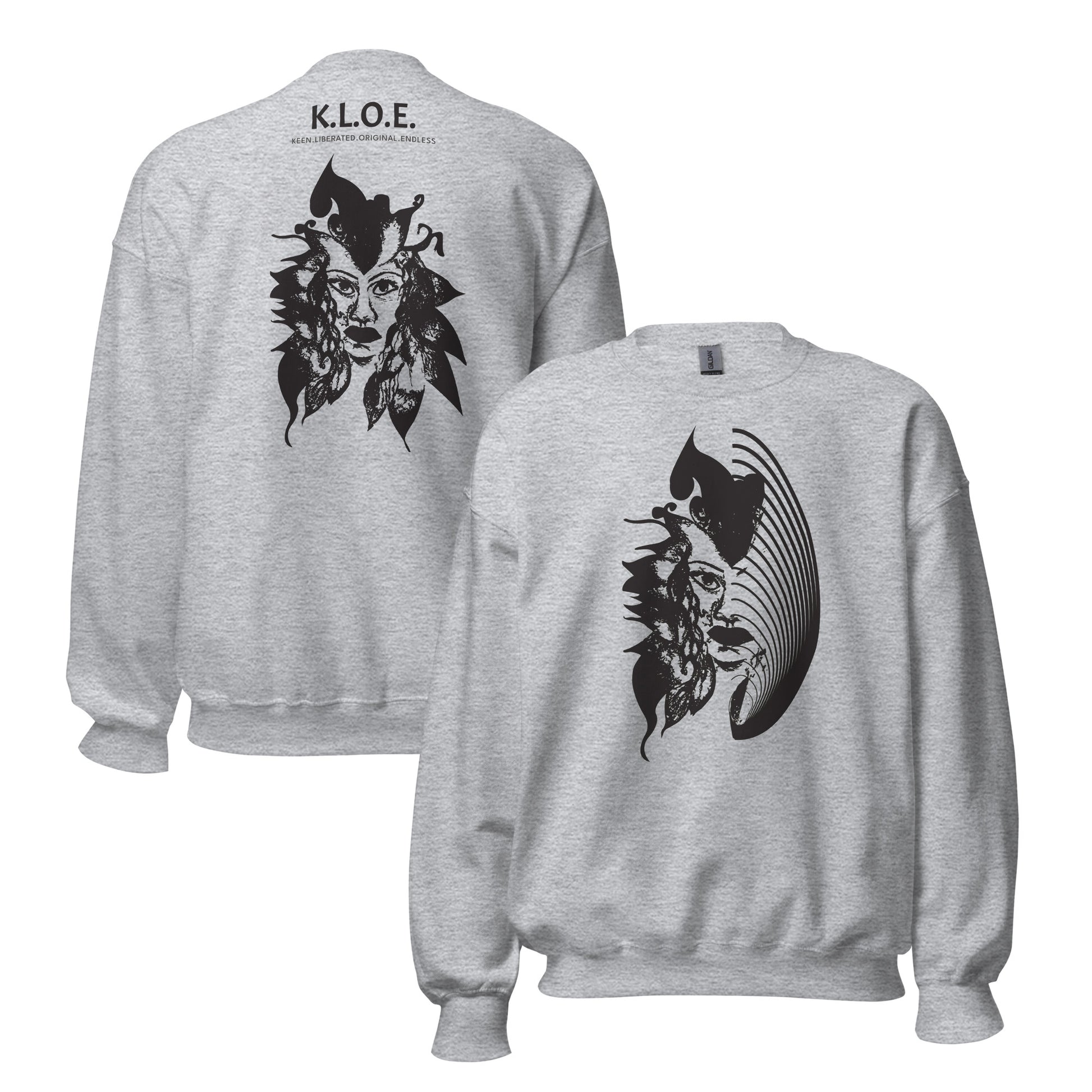 Back and front view of a grey K.L.O.E. sweatshirt featuring a culturally inspired, hand-drawn black graphic of a bold, expressive face surrounded by intricate details, celebrating individuality and artistic self-expression in modern bohemian style fashion.