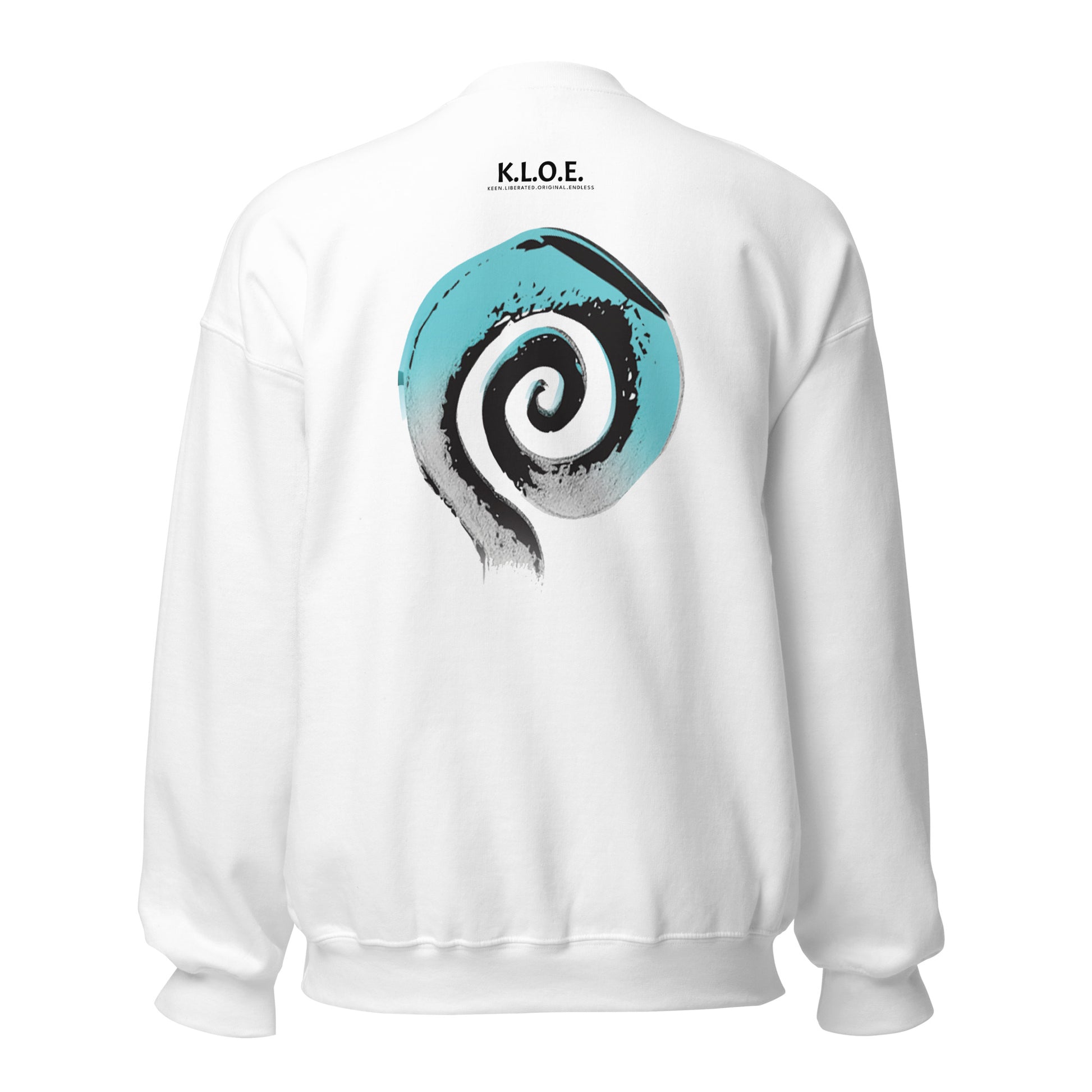 Back view of white K.L.O.E. sweatshirt featuring a bold, hand-drawn spiral design in teal and black, symbolizing creativity and individuality, with the K.L.O.E. logo above, embodying modern bohemian style and artistic expression.