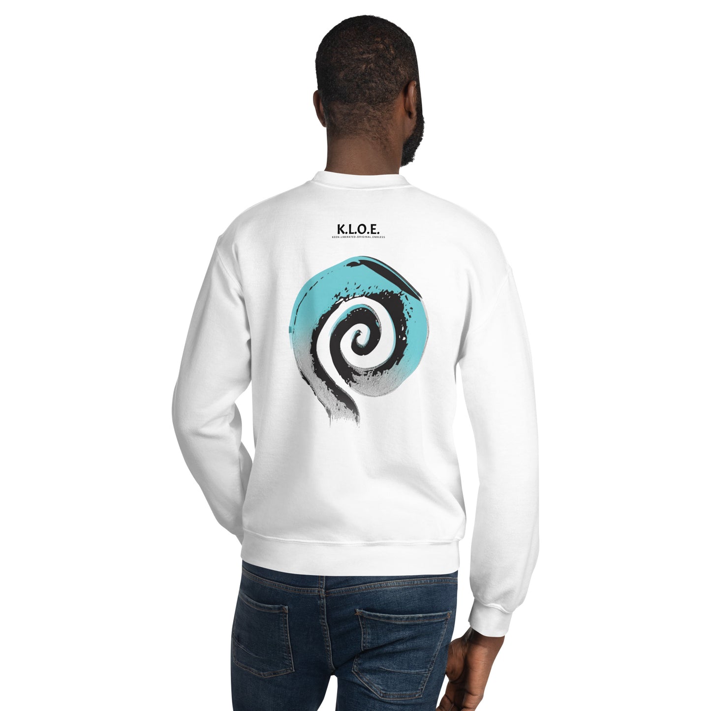 Back view of white K.L.O.E. sweatshirt featuring a bold, hand-drawn spiral design in teal and black, symbolizing creativity and individuality, with the K.L.O.E. logo above, embodying modern bohemian style and artistic expression, worn by a male model.