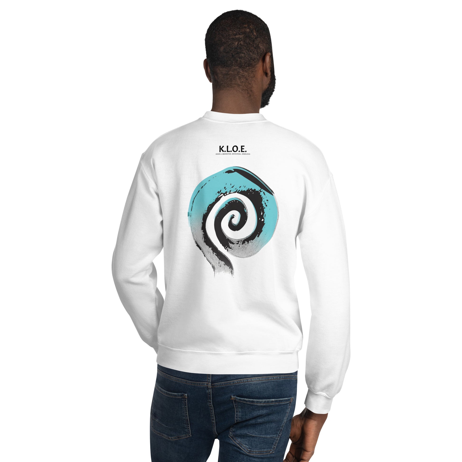Back view of white K.L.O.E. sweatshirt featuring a bold, hand-drawn spiral design in teal and black, symbolizing creativity and individuality, with the K.L.O.E. logo above, embodying modern bohemian style and artistic expression, worn by a male model.
