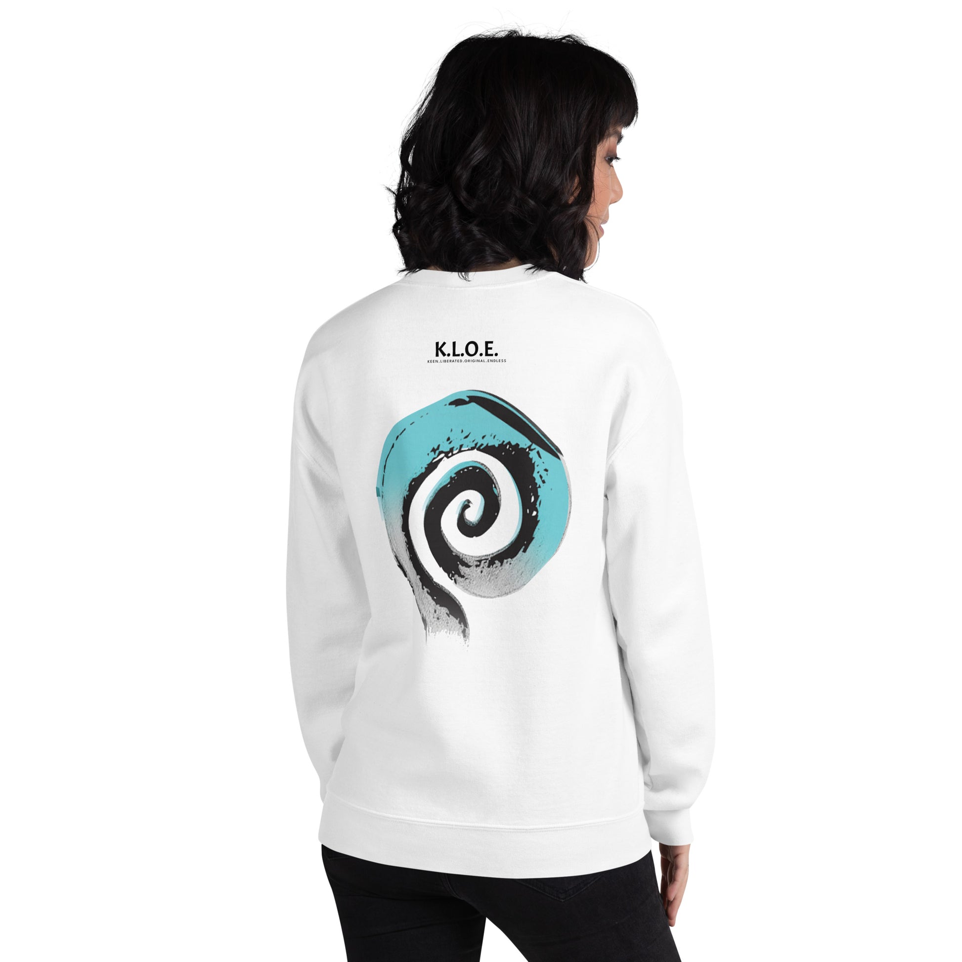 Back view of white K.L.O.E. sweatshirt featuring a bold, hand-drawn spiral design in teal and black, symbolizing creativity and individuality, with the K.L.O.E. logo above, embodying modern bohemian style and artistic expression, worn by a male model.