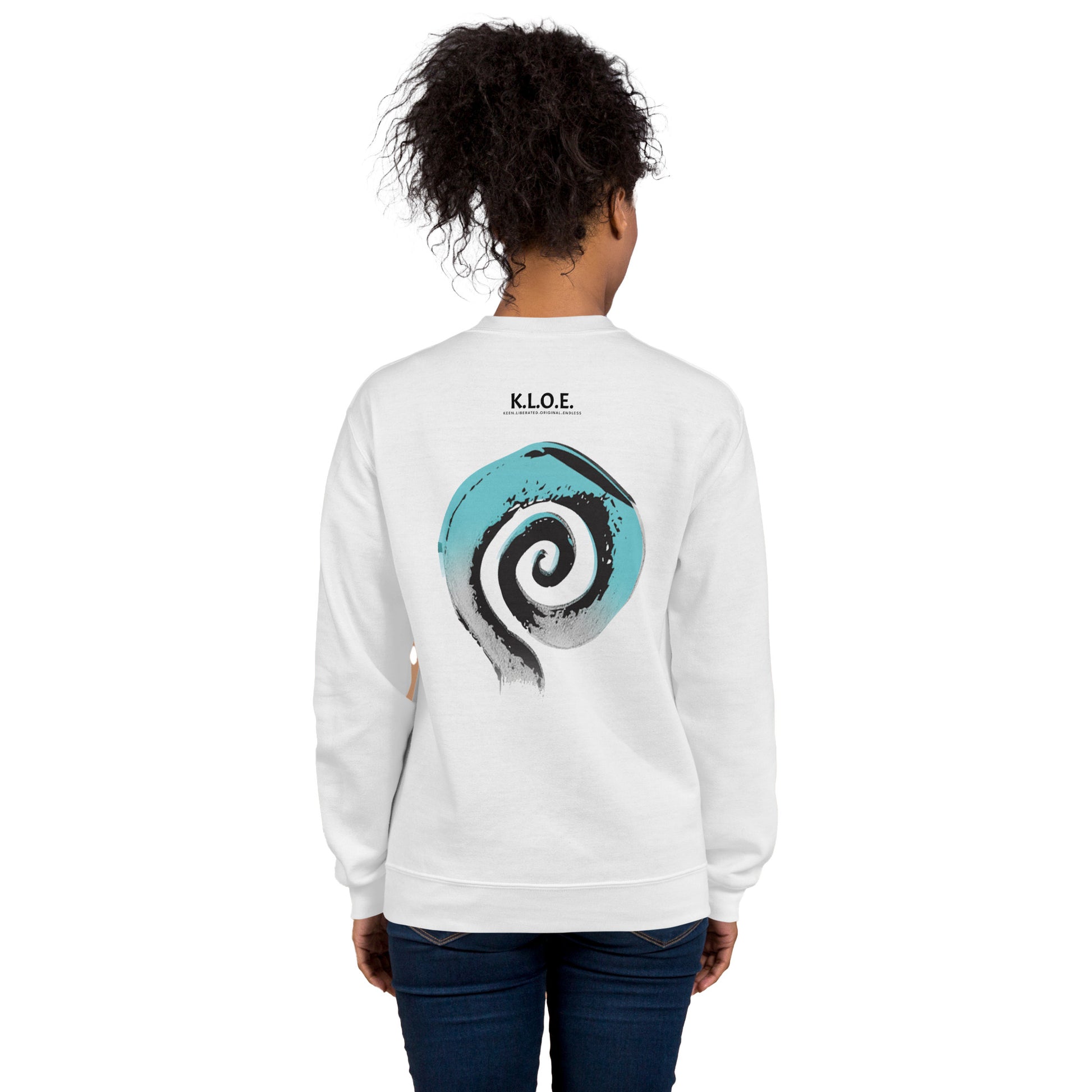 Back view of white K.L.O.E. sweatshirt featuring a bold, hand-drawn spiral design in teal and black, symbolizing creativity and individuality, with the K.L.O.E. logo above, embodying modern bohemian style and artistic expression, worn by a male model.