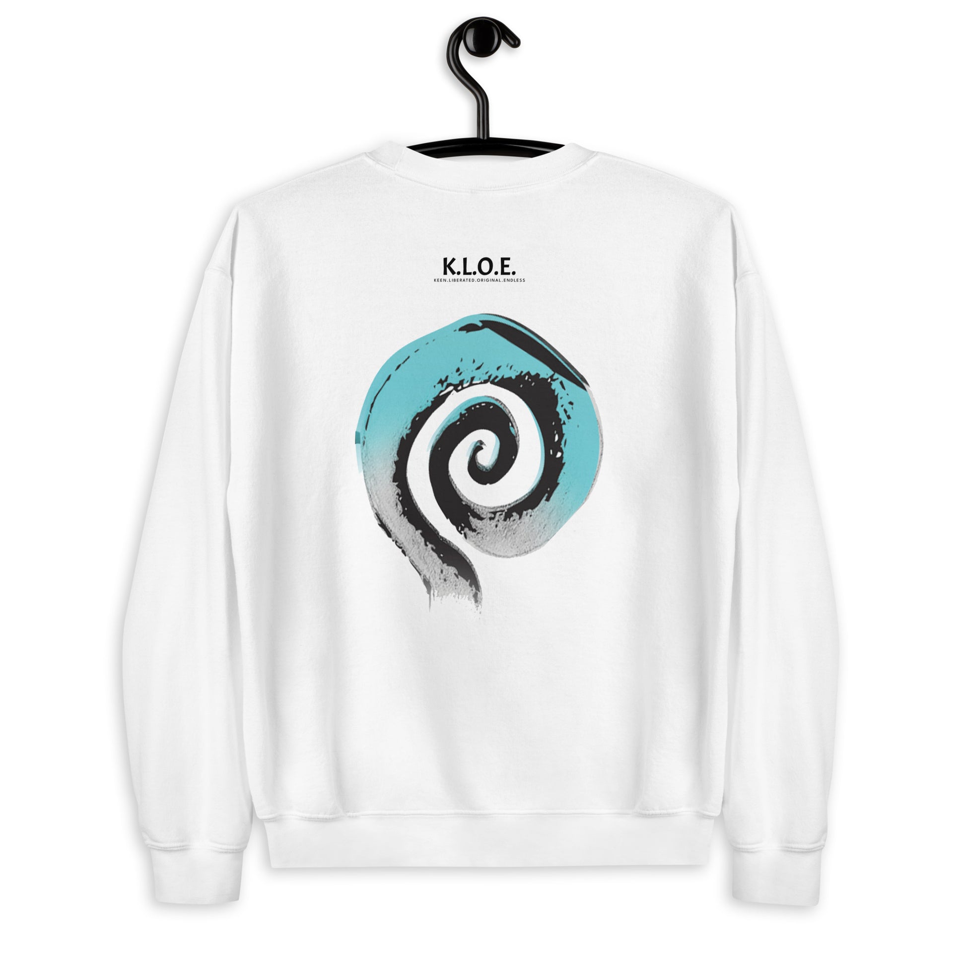 Back view of white K.L.O.E. sweatshirt featuring a bold, hand-drawn spiral design in teal and black, symbolizing creativity and individuality, with the K.L.O.E. logo above, embodying modern bohemian style and artistic expression.