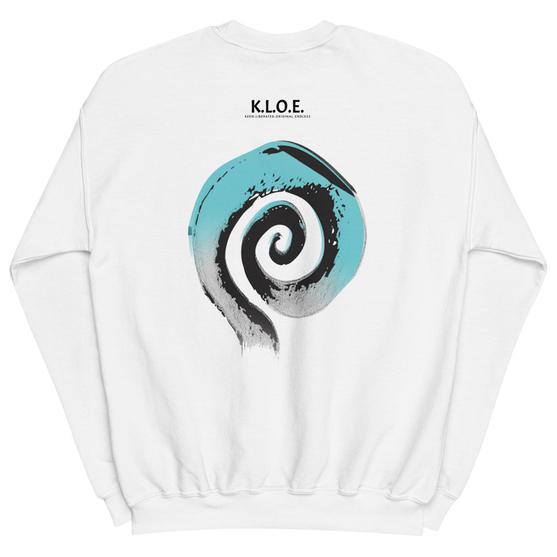 Back view of white K.L.O.E. sweatshirt featuring a bold, hand-drawn spiral design in teal and black, symbolizing creativity and individuality, with the K.L.O.E. logo above, embodying modern bohemian style and artistic expression.