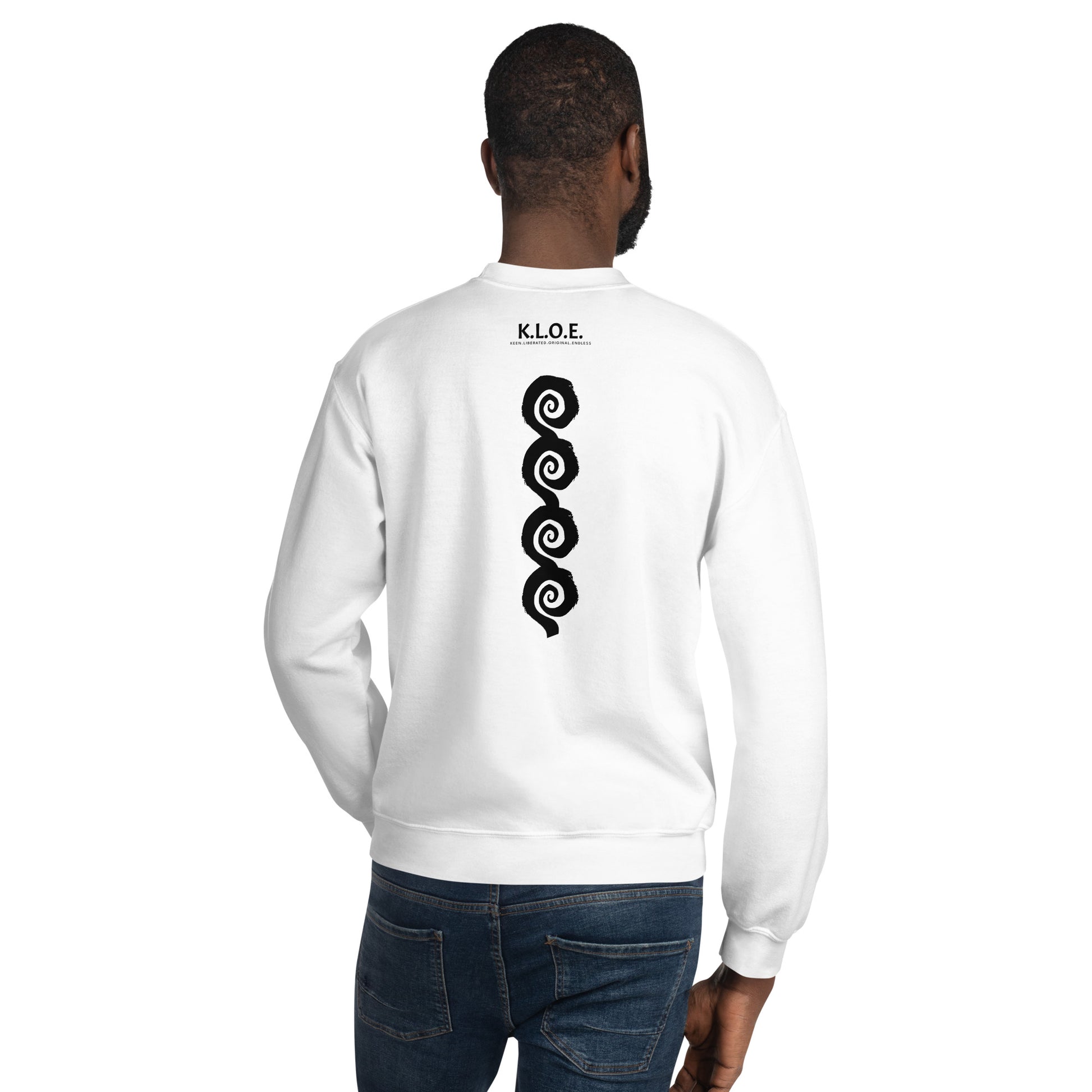 Back view of white K.L.O.E. sweatshirt showcasing a bold, hand-drawn black spiral design symbolising creativity and individuality, with the K.L.O.E. logo above, reflecting modern bohemian style and artistic self-expression, worn by a male model.