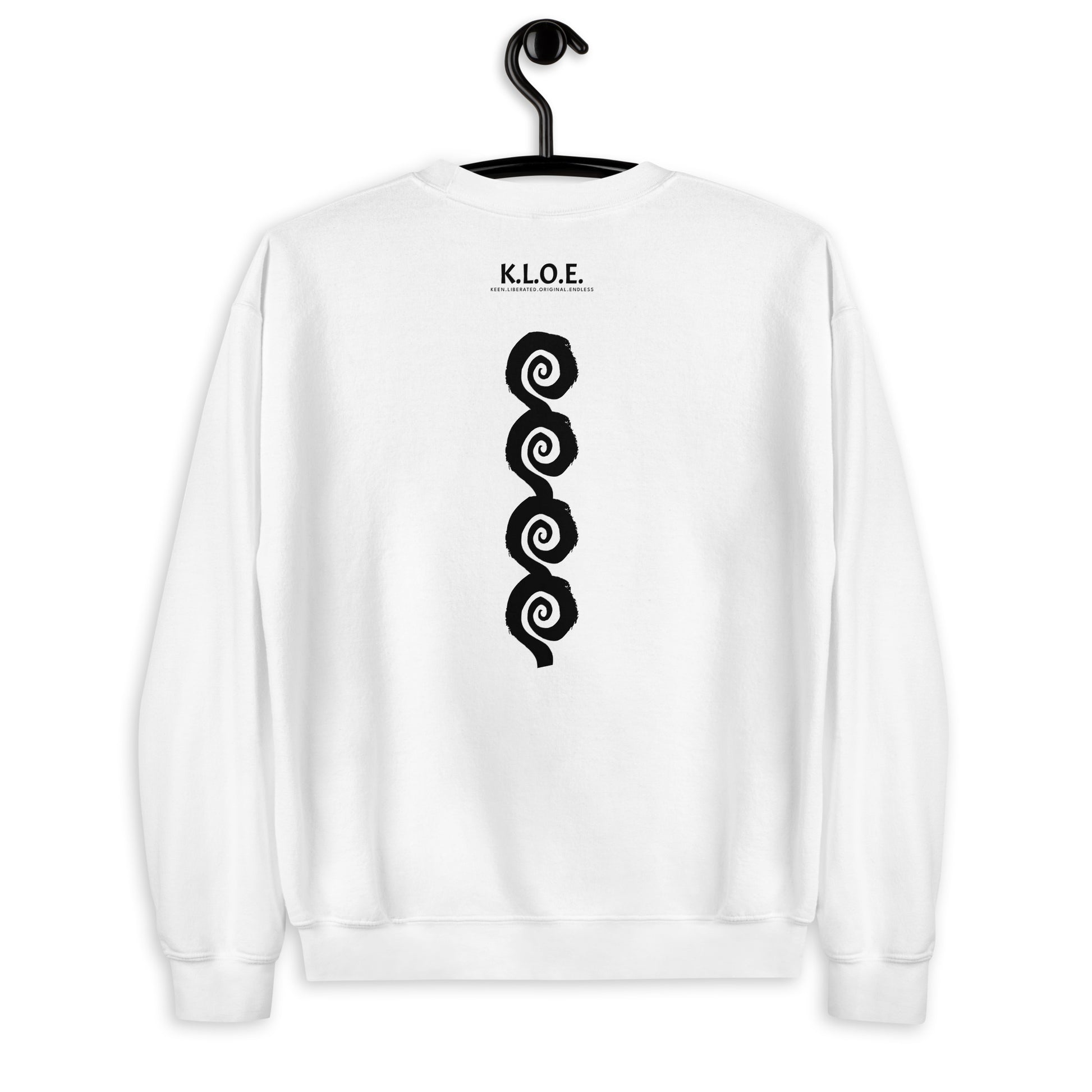 Back view of white K.L.O.E. sweatshirt showcasing a bold, hand-drawn black spiral design symbolising creativity and individuality, with the K.L.O.E. logo above, reflecting modern bohemian style and artistic self-expression.