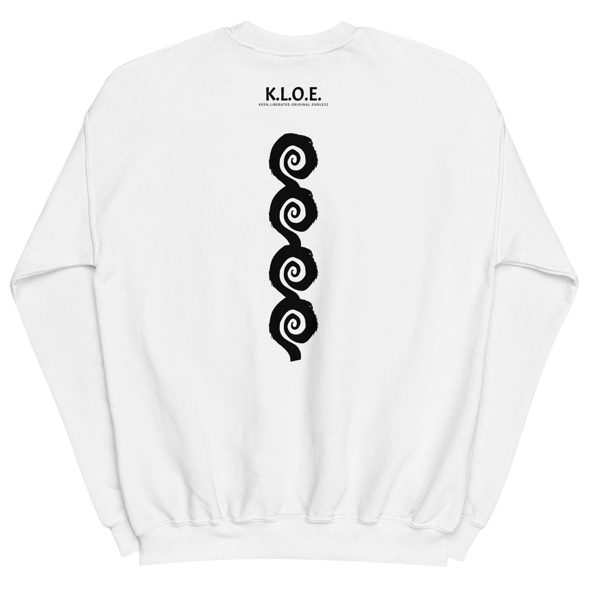 Back view of white K.L.O.E. sweatshirt showcasing a bold, hand-drawn black spiral design symbolising creativity and individuality, with the K.L.O.E. logo above, reflecting modern bohemian style and artistic self-expression.