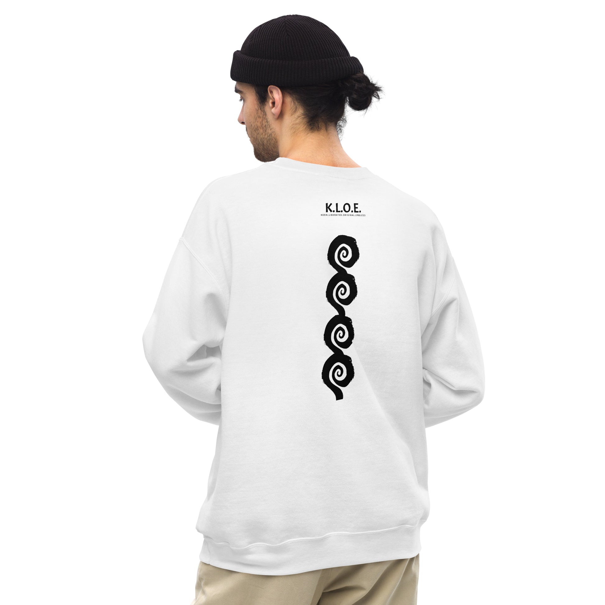 Back view of white K.L.O.E. sweatshirt showcasing a bold, hand-drawn black spiral design symbolising creativity and individuality, with the K.L.O.E. logo above, reflecting modern bohemian style and artistic self-expression, worn by a male model.