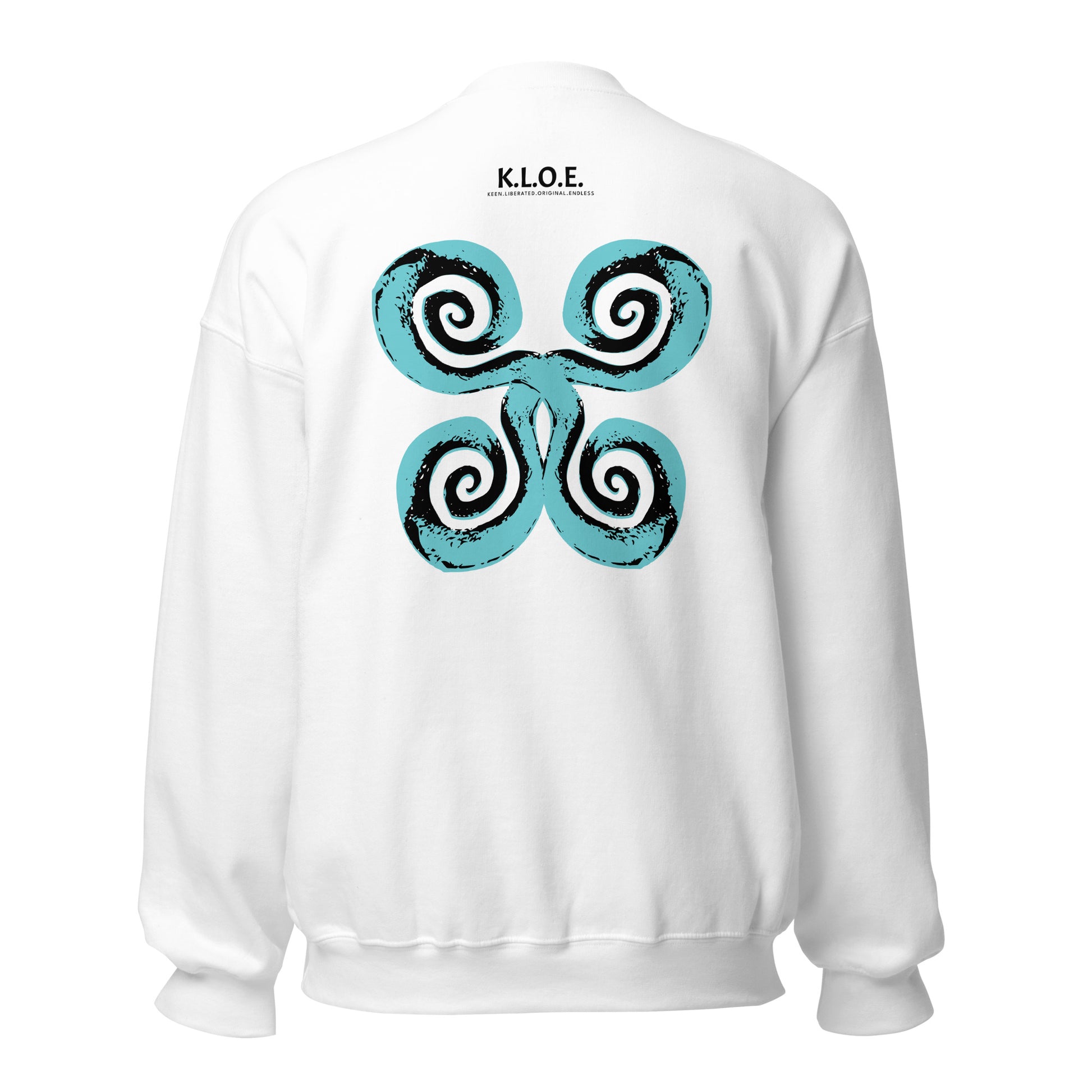 The back of the white K.L.O.E. sweatshirt featuring a culturally inspired, hand-drawn design of bold black and teal spirals, symbolizing self-expression, individuality, and modern bohemian style.